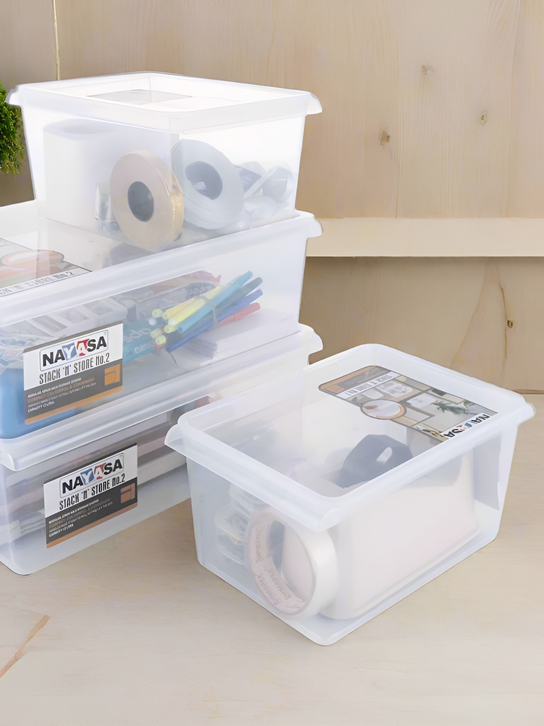 Nayasa Stack N Store Set Of 4 Clear Multi Storage Boxes with Lid- 12 L & 5 L