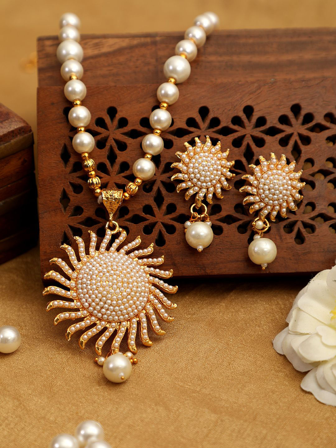 Jewels Guru Gold-Plated Stone Studded & Pearls Beaded Sun Pendant Jewellery Set