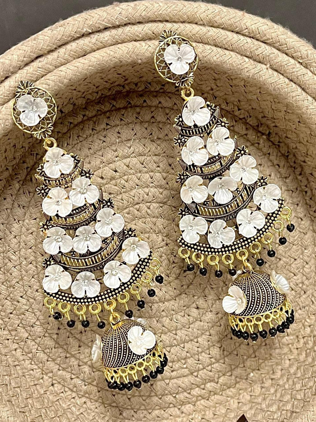 MADDY SPACE Gold-Plated Artificial Stones Studded Teardrop Shaped Jhumkas