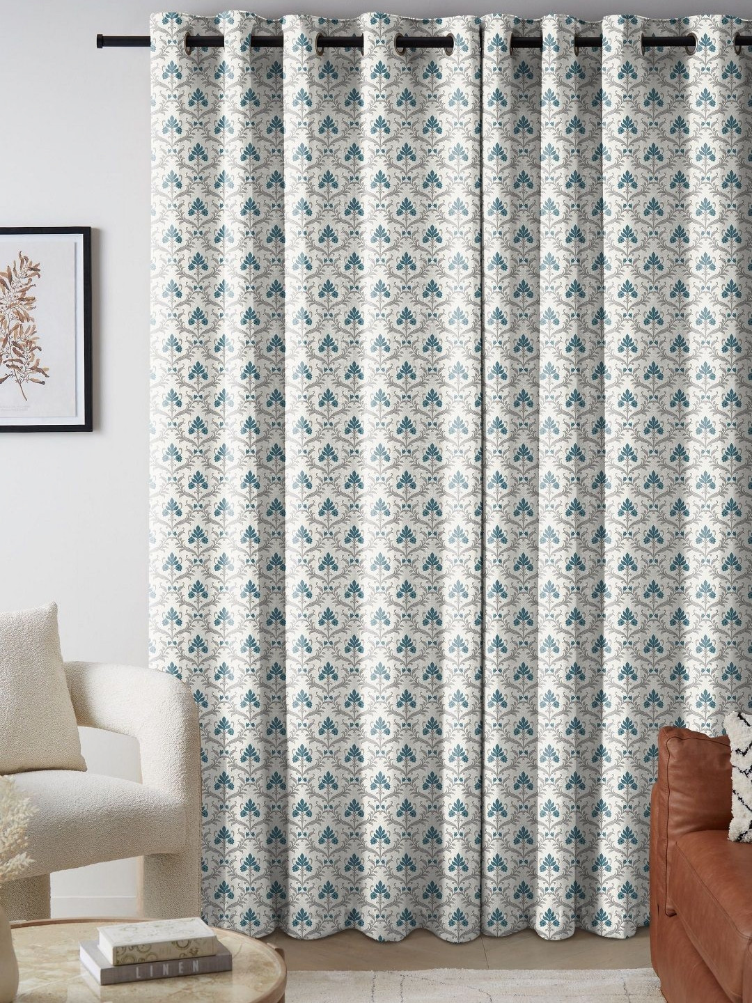 CASABLEU Teal & Cream Colored 2 Pieces Floral Printed Long Door Curtain