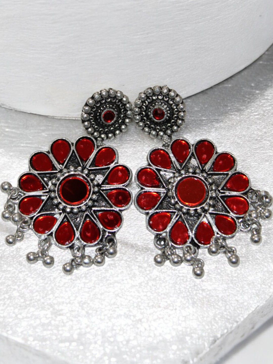Jolly Faces Silver-Plated Artificial Stones Studded And Beaded Floral Drop Earrings