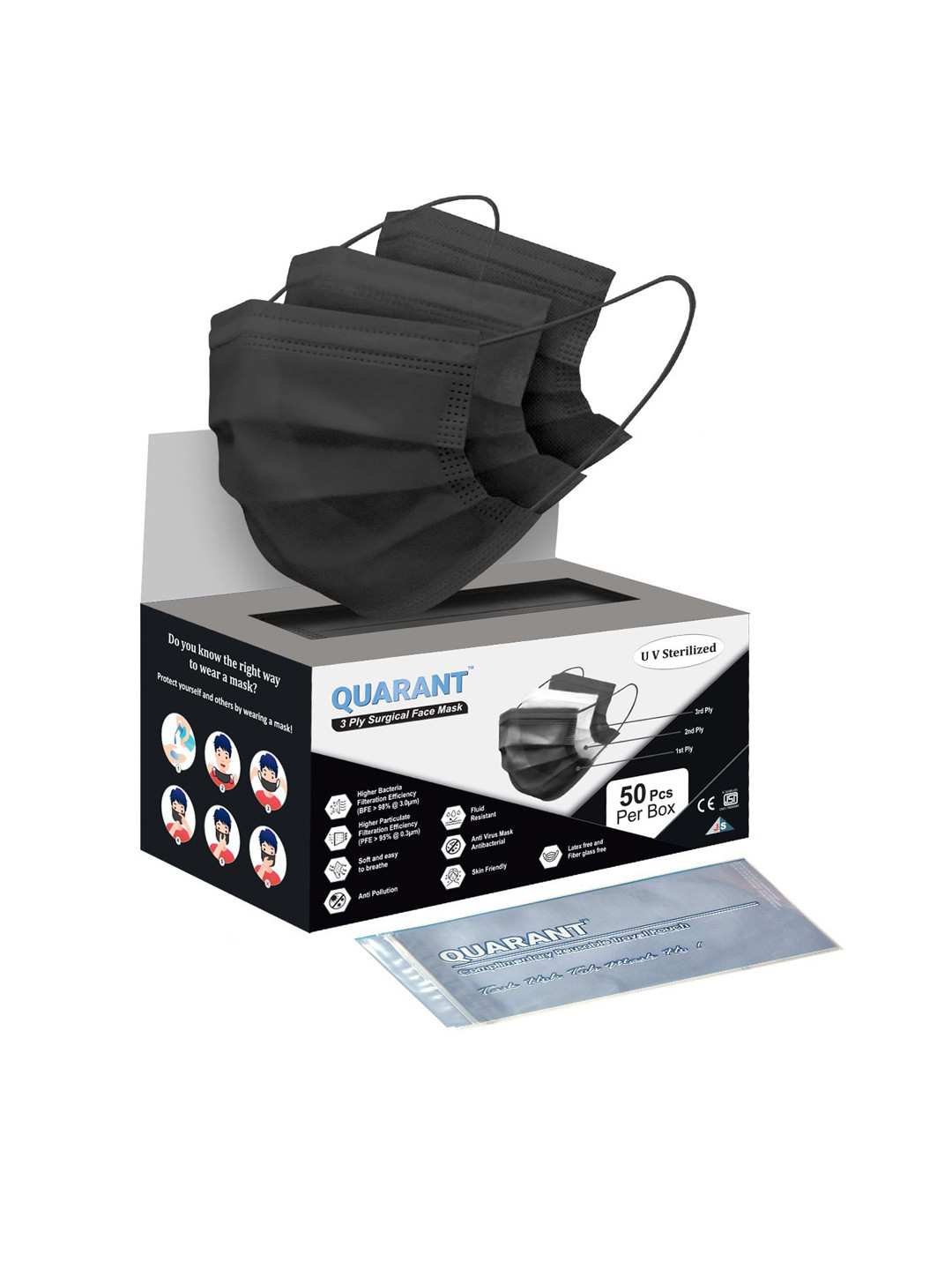 QUARANT Pack Of 50 3 Ply Anti Pollution Disposable Face Masks