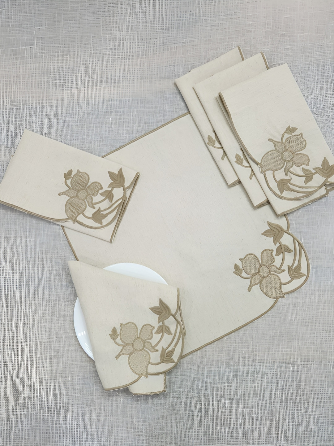 DESIGN GAATHA Cream Colored & Beige 6 Pieces Floral Embroidered Cotton Linen Table Napkins