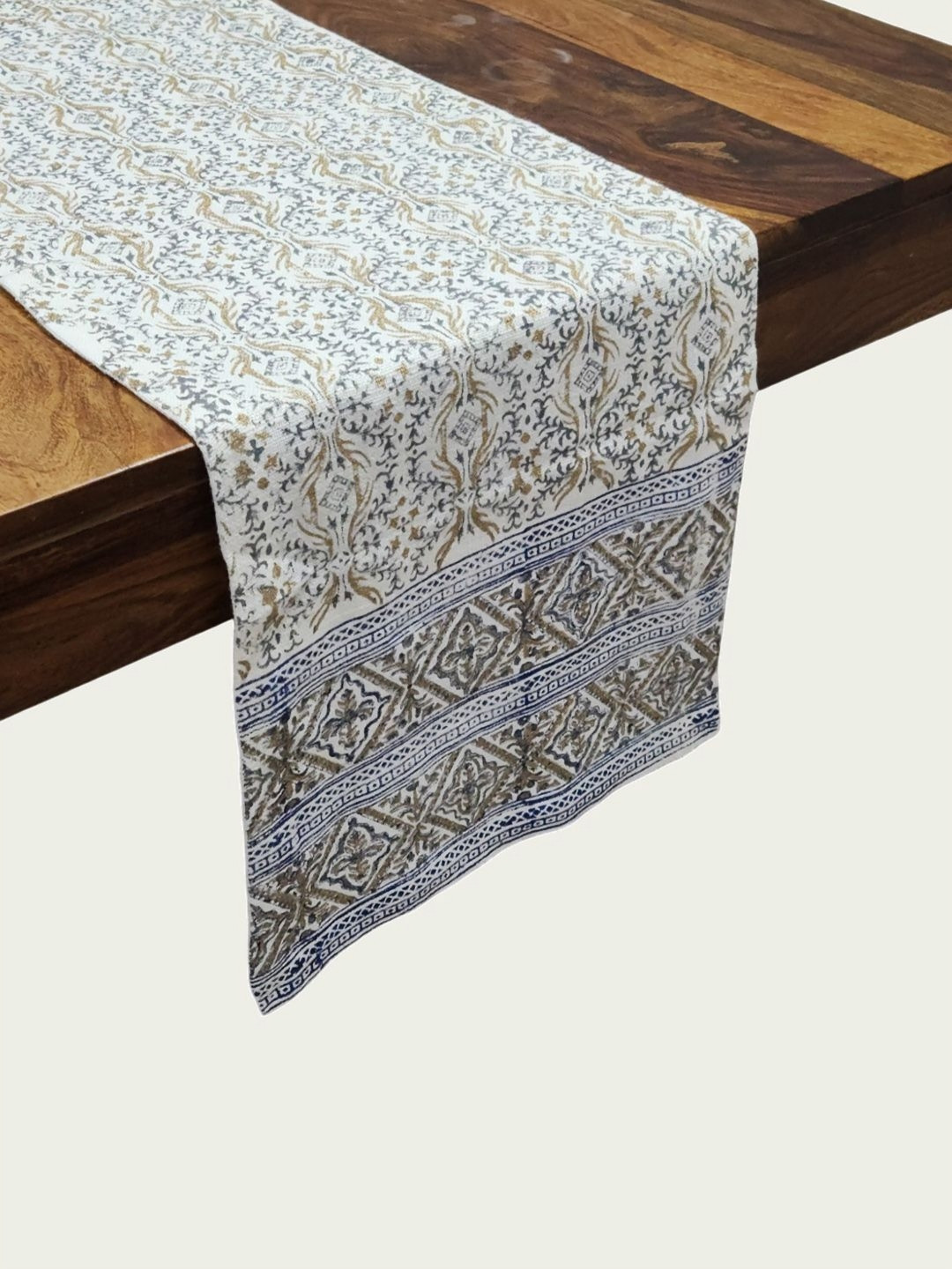DESIGN GAATHA Cream-Colored & Navy-Blue Floral Printed Linen 6-Seater Table Runner