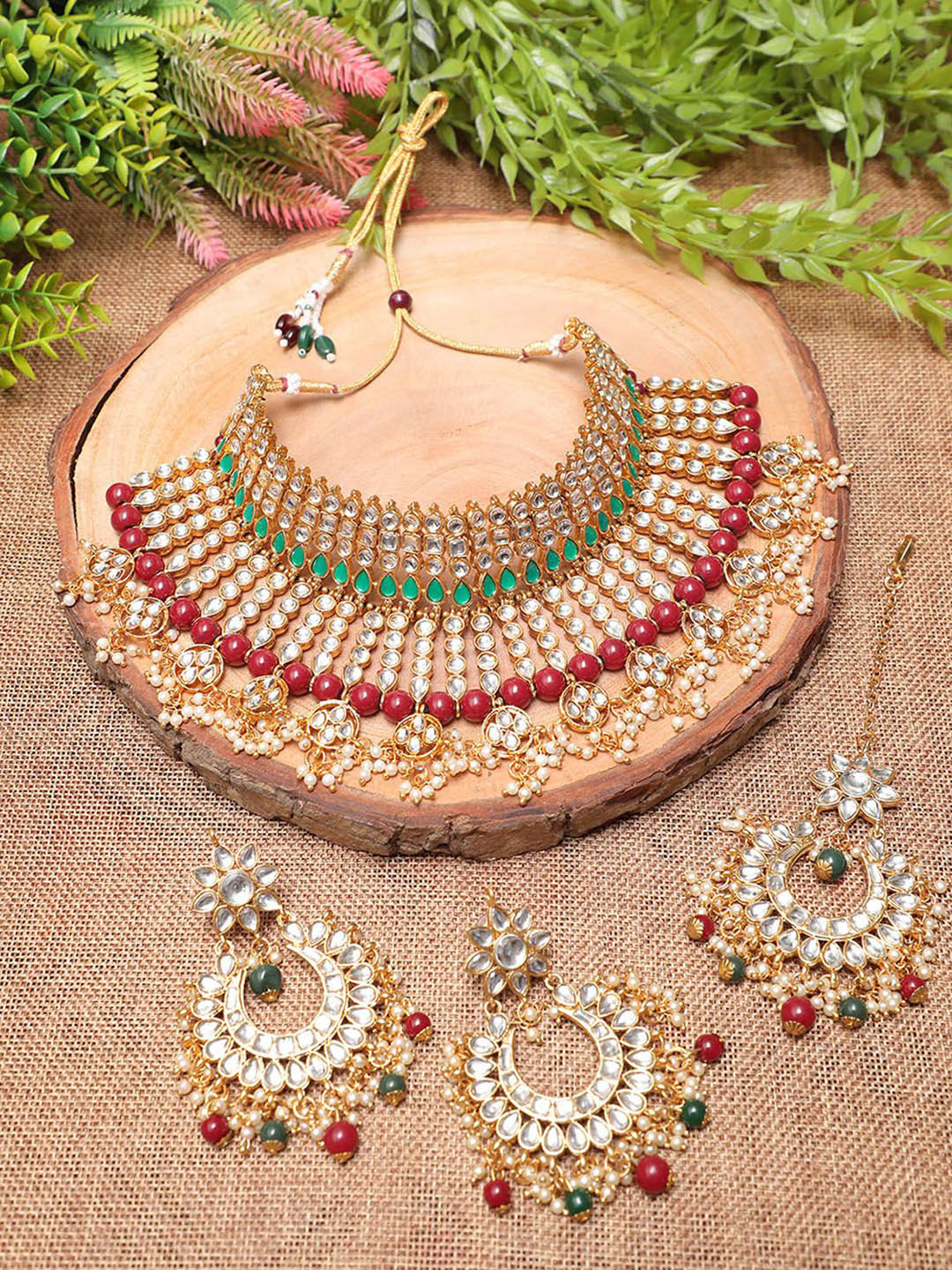 Ethnicking Gold Plated Kundan Stone Studded & Beaded Necklace and Earrings With Maang Tika