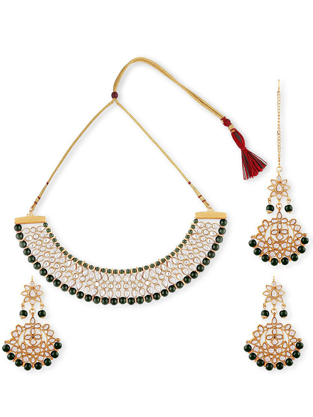 Ethnicking Gold Plated Kundan Stone Studded & Beaded Necklace and Earrings With Maang Tika