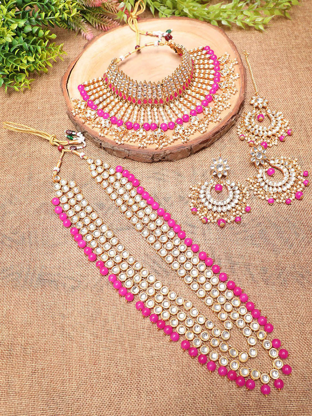 Ethnicking Gold Plated Kundan Stone Studded & Beaded Necklace and Earrings With Maang Tika