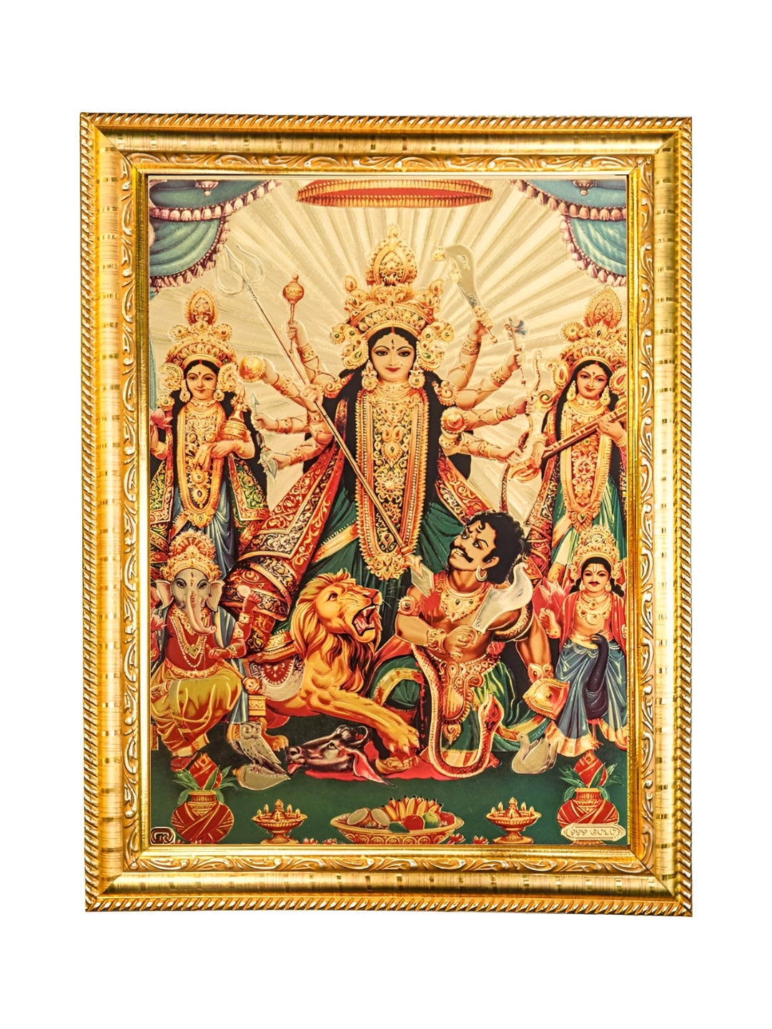 Hawai Gold-Toned & Red Goddess Durga Poster Wooden Frame