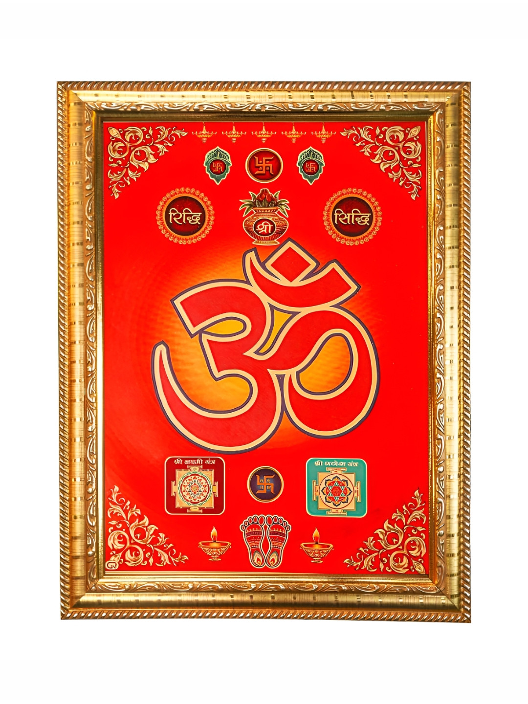 Hawai Orange-Coloured and Gold-Toned Om Riddhi Siddhi Wooden Wall Photo Frame