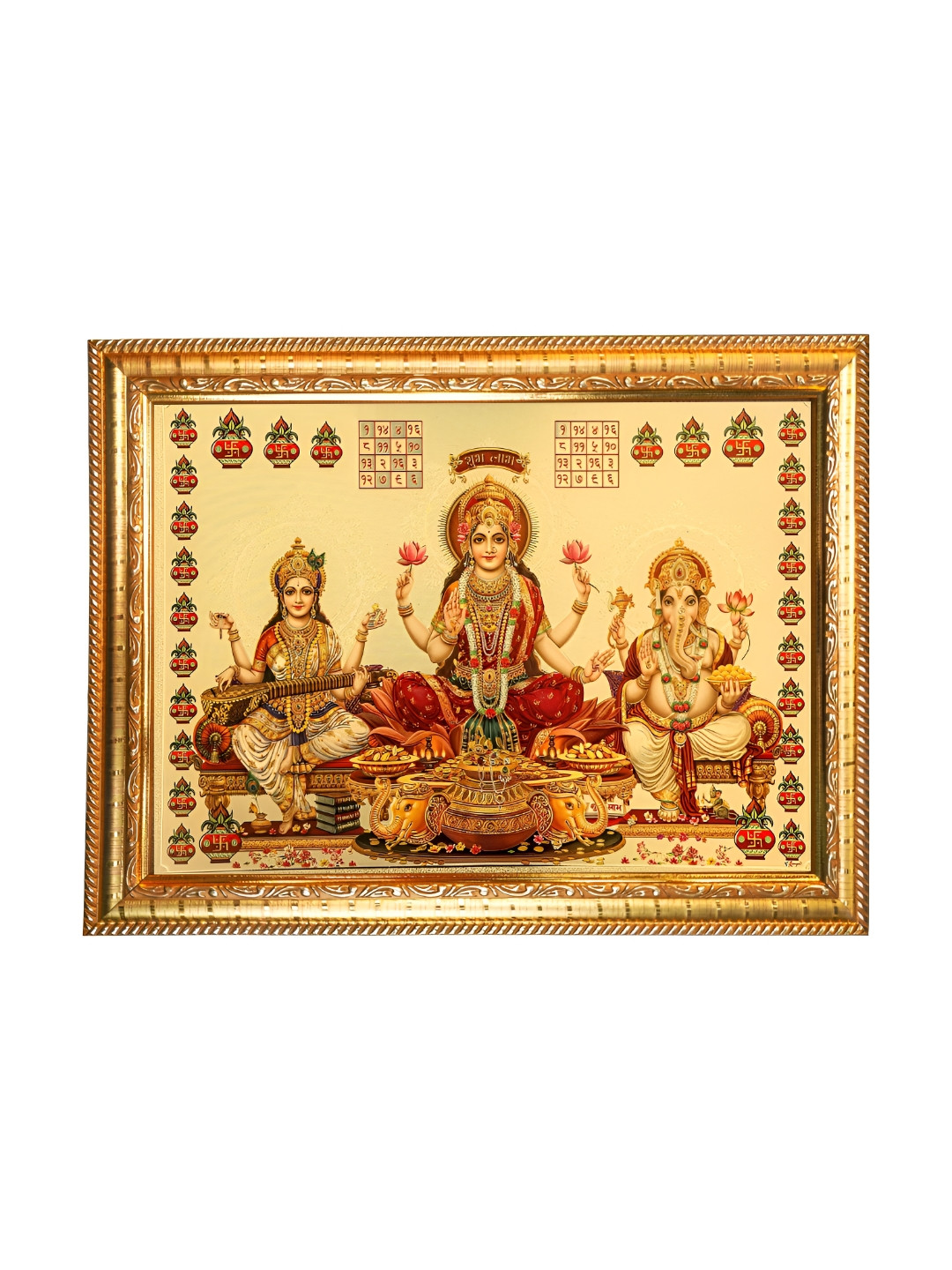 Hawai Red Ganesh Lakshmi Saraswati Gold Plated Foil Photo Frame