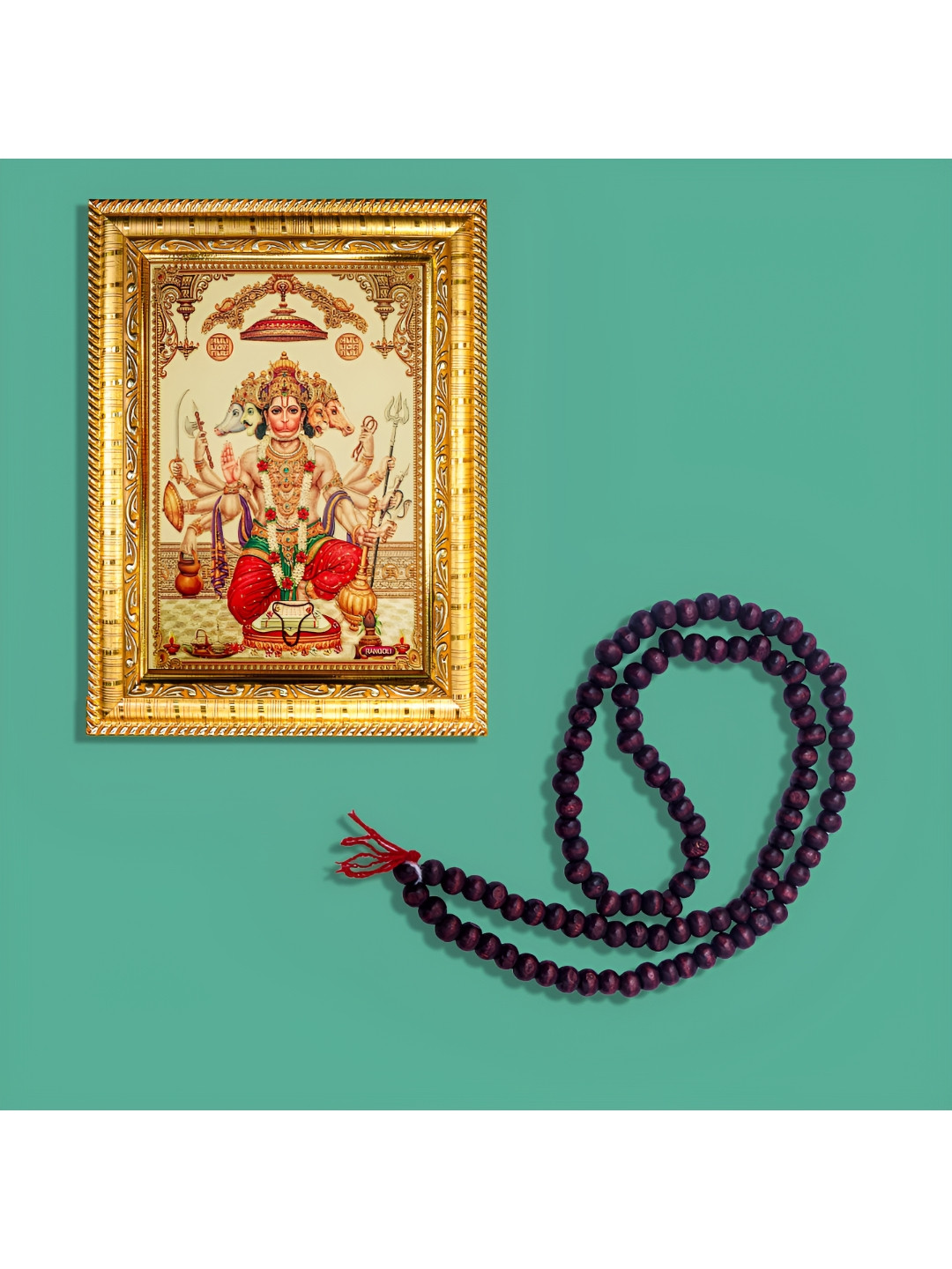 Hawai Gold-Toned & Brown Panchmukhi Hanuman Bajrangbali Wooden Wall Photo Frame With Mala