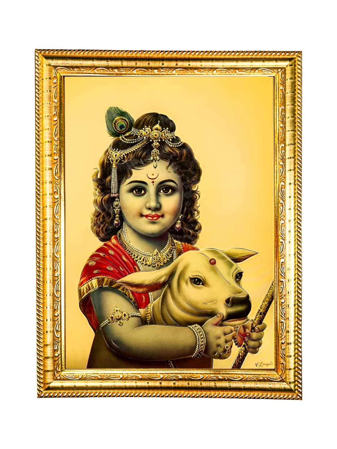 Hawai Gold-Toned & Red Lord Krishna Poster Wooden Wall Photo Frame