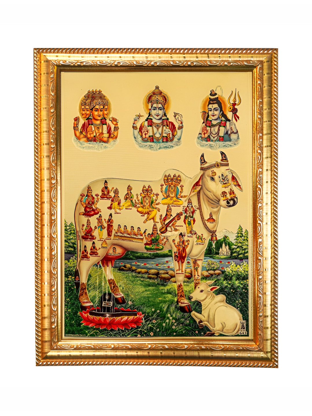 Hawai Red Kamdhenu Cow With Calf and All Hindu Gods Gold Plated Foil Photo Frame