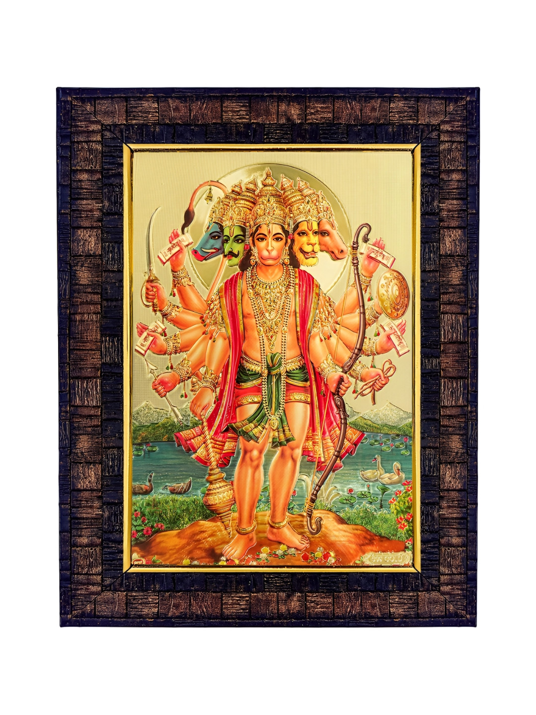 Hawai Gold Plated Panchmukhi Hanuman Bajrang Bali Wooden Wall Photo Frame