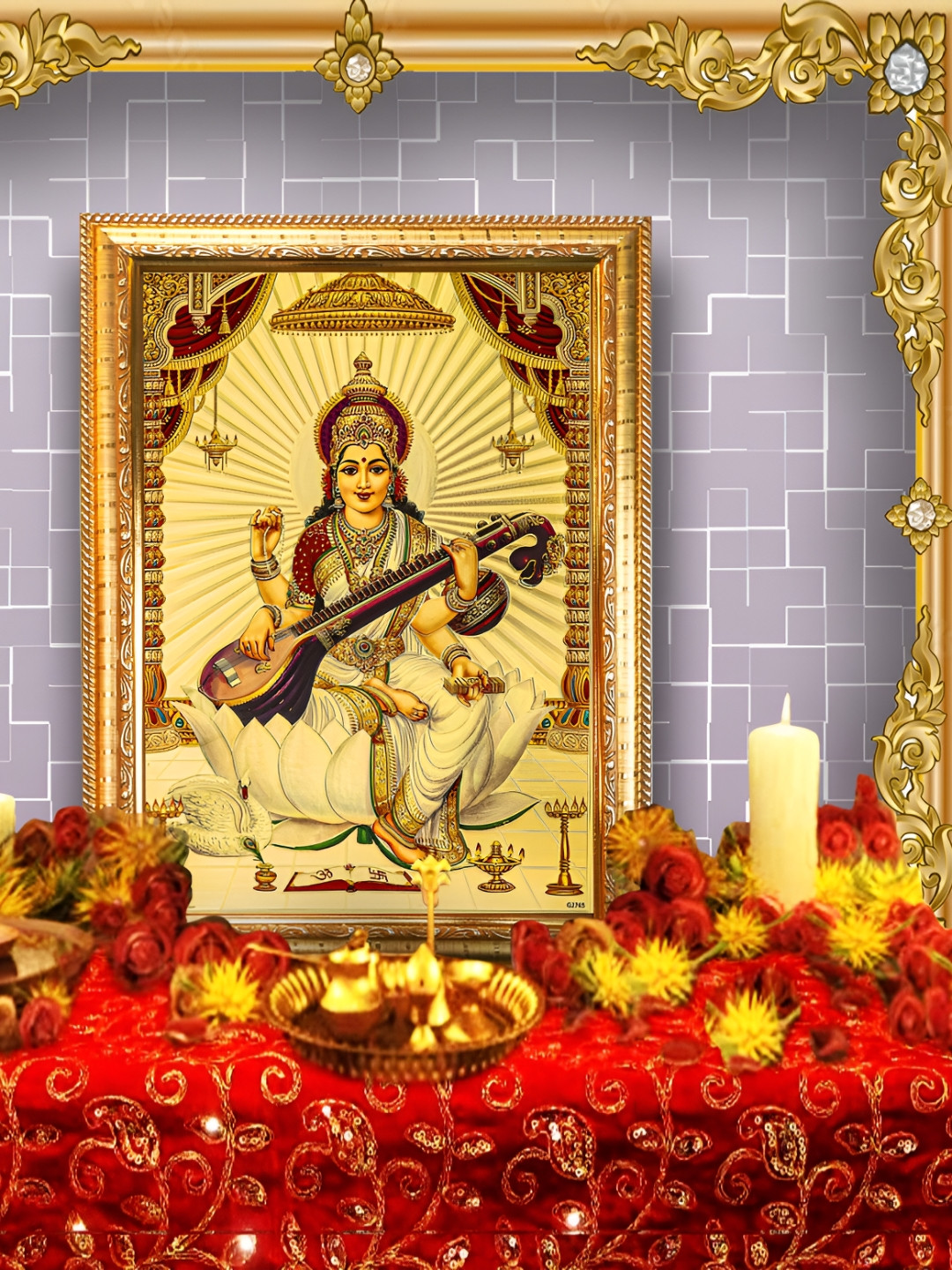 Hawai Gold-Toned Goddess Saraswati Wall Hanging Religious Photo Frame