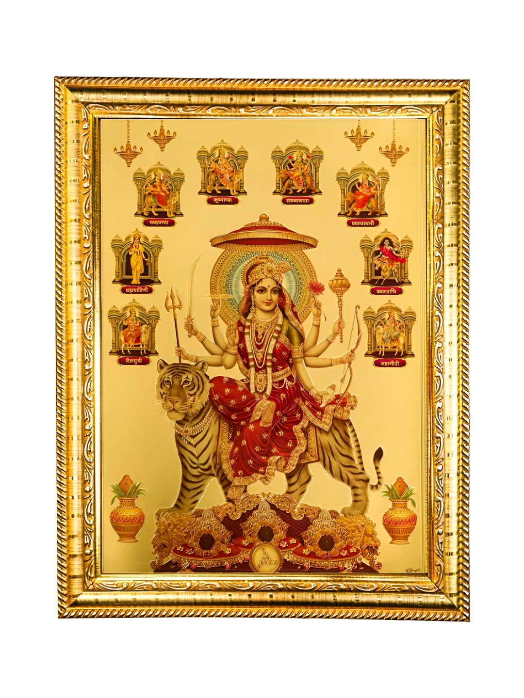 Hawai Gold-Toned & Red Goddess Durga Sherawali Nava Durga Wooden Wall Photo Frame