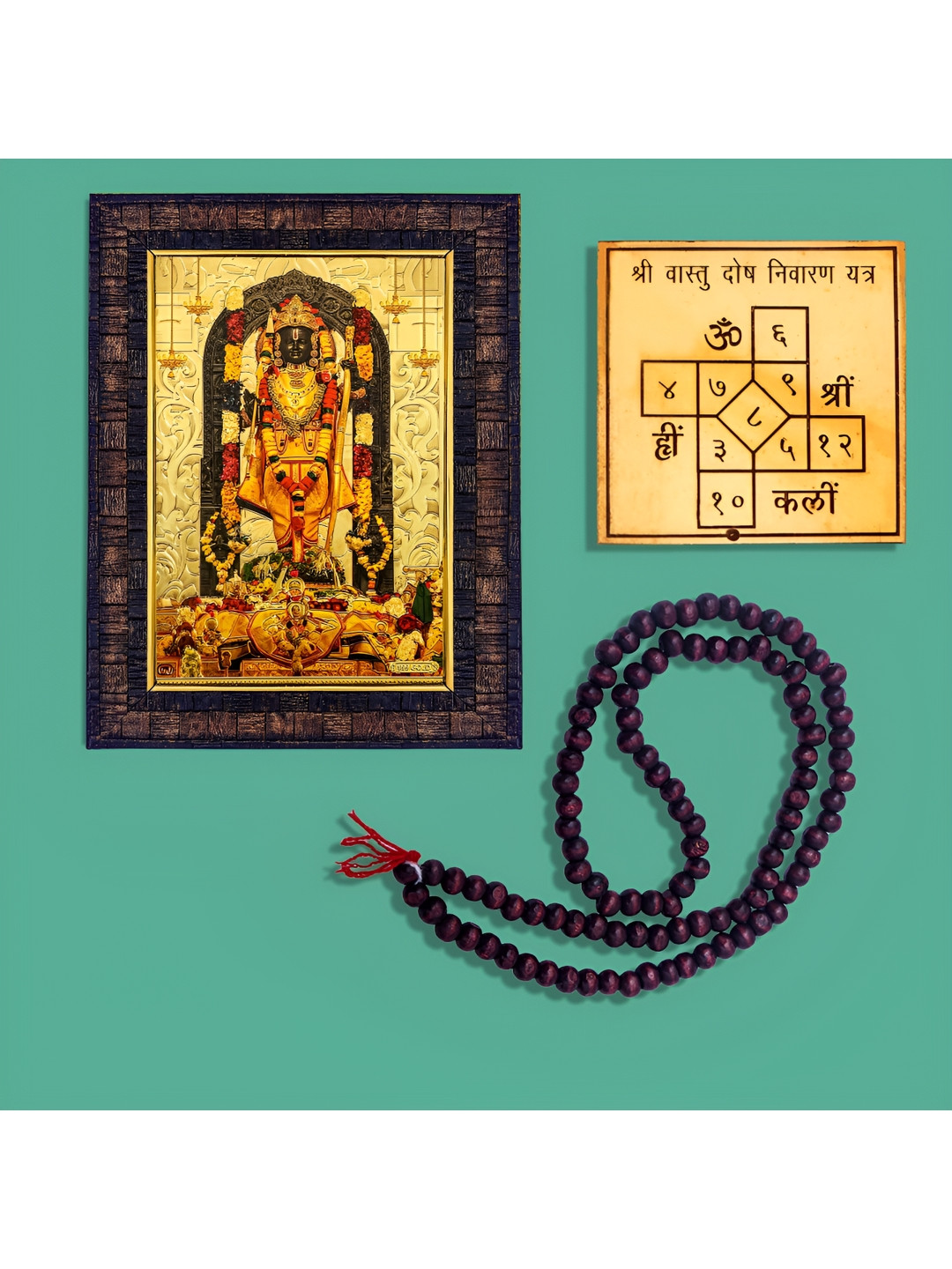 Hawai Black Ayodhya Bhagwan Ram Photo Frame108 Beads Red Chandan Mala & Dosh Nivaran Yanta
