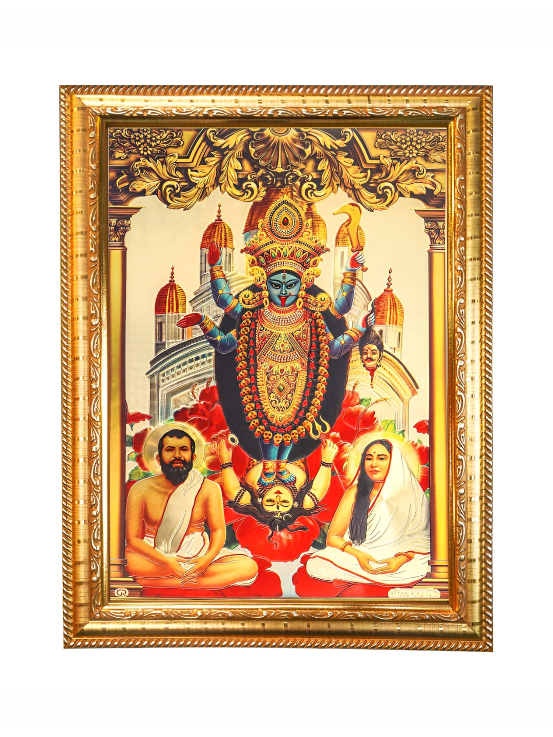 Hawai Gold-Toned Dakhineswar Kali Mata Photo with Wall Hanging Wooden Photo Frame