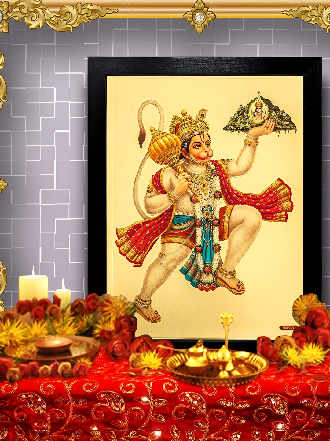 Hawai Gold-Toned Shree Bajrangbali Hanuman with Sanjeevani Parvat Wooden Photo Frame