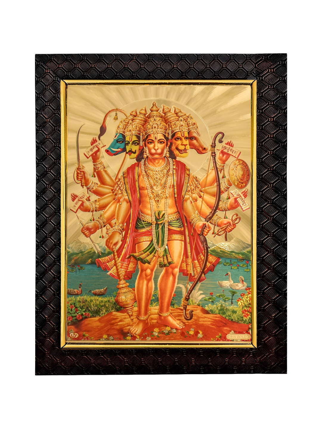 Hawai Orange-Coloured Gold Plated Panchmukhi Hanuman Bajrang Bali Wooden Photo Frame