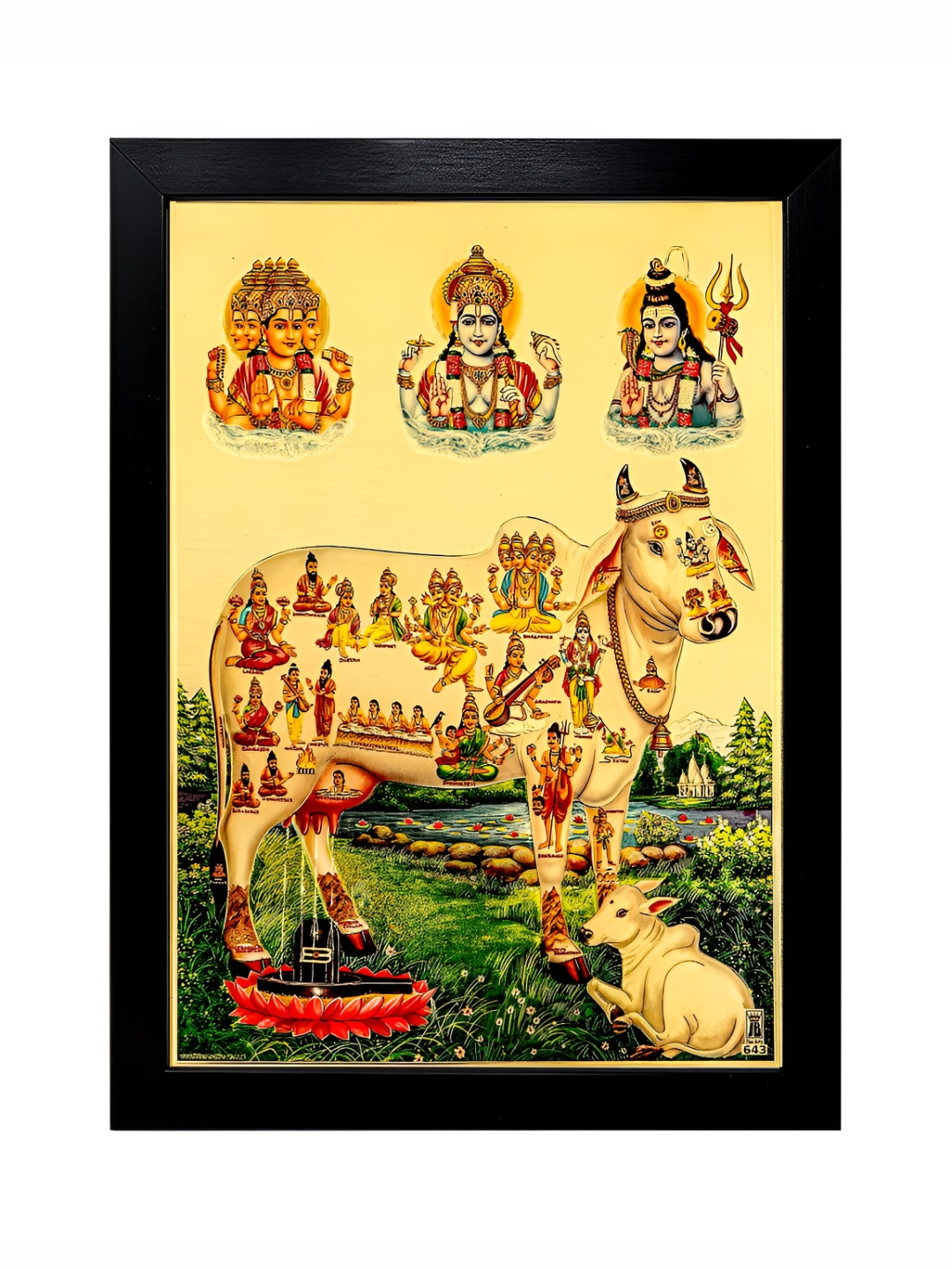 Hawai Gold-Toned Kamdhenu Cow with Calf and All Hindu Gods Gold Plated Foil Photo Frame