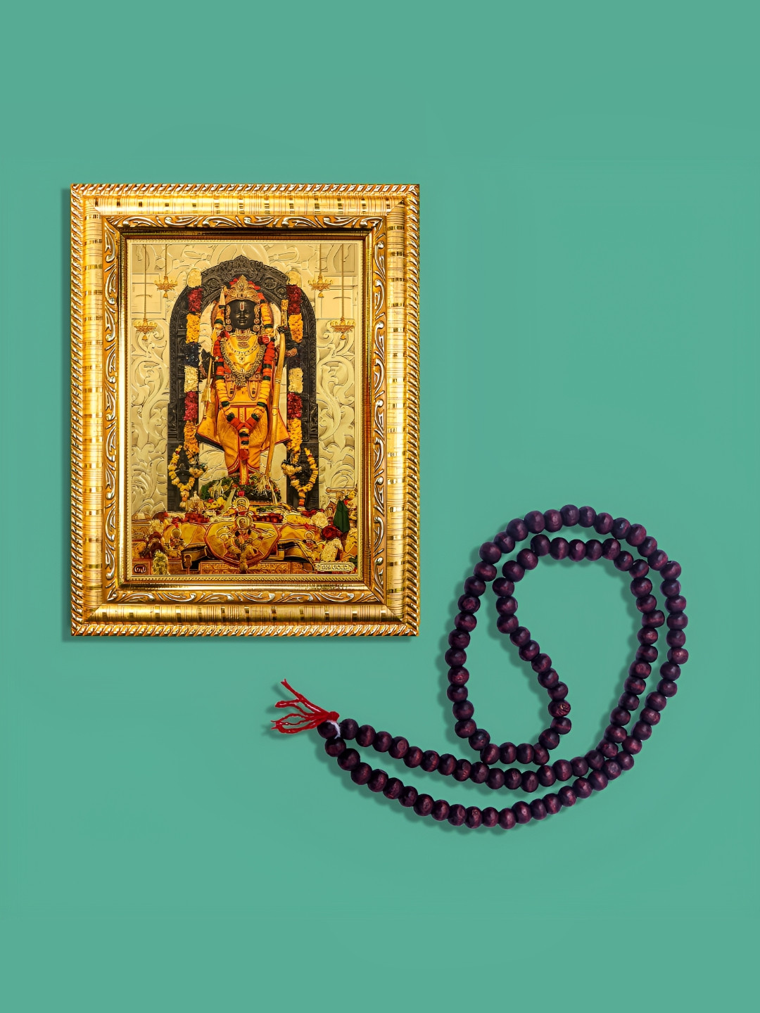 Hawai Gold-Toned and Black Ayodhya Bhagwan Ram Wooden Wall Photo Frame with Mala