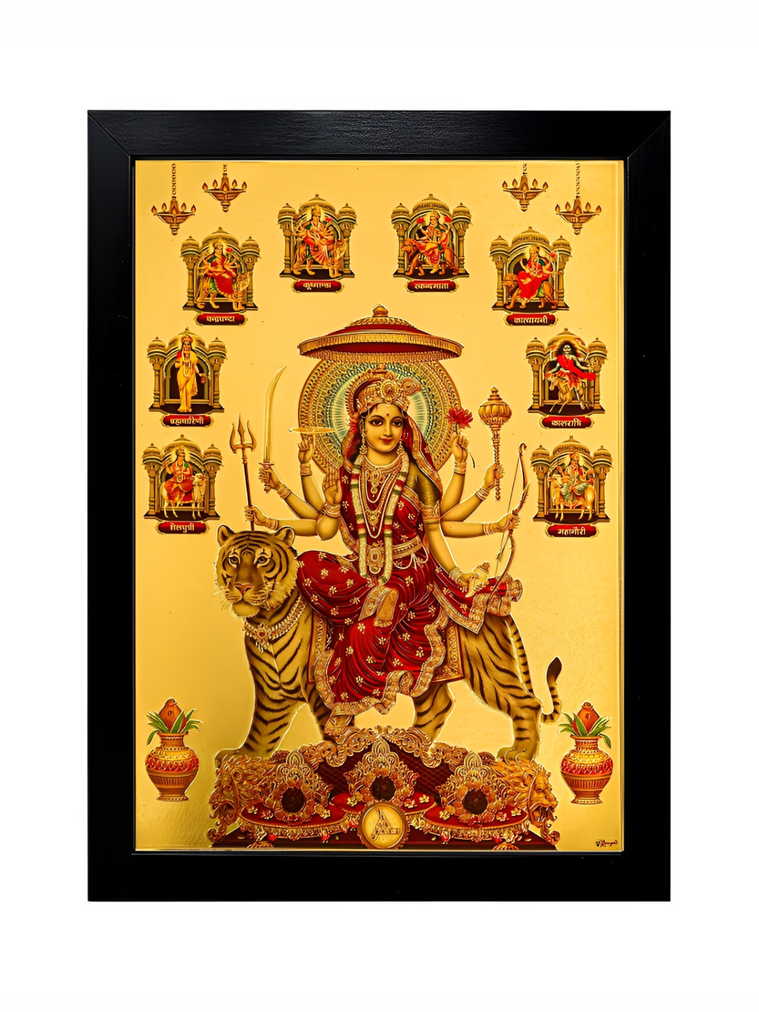 Hawai Gold-Toned Goddess Durga Sherawali Nava Durga Wooden Photo Frame