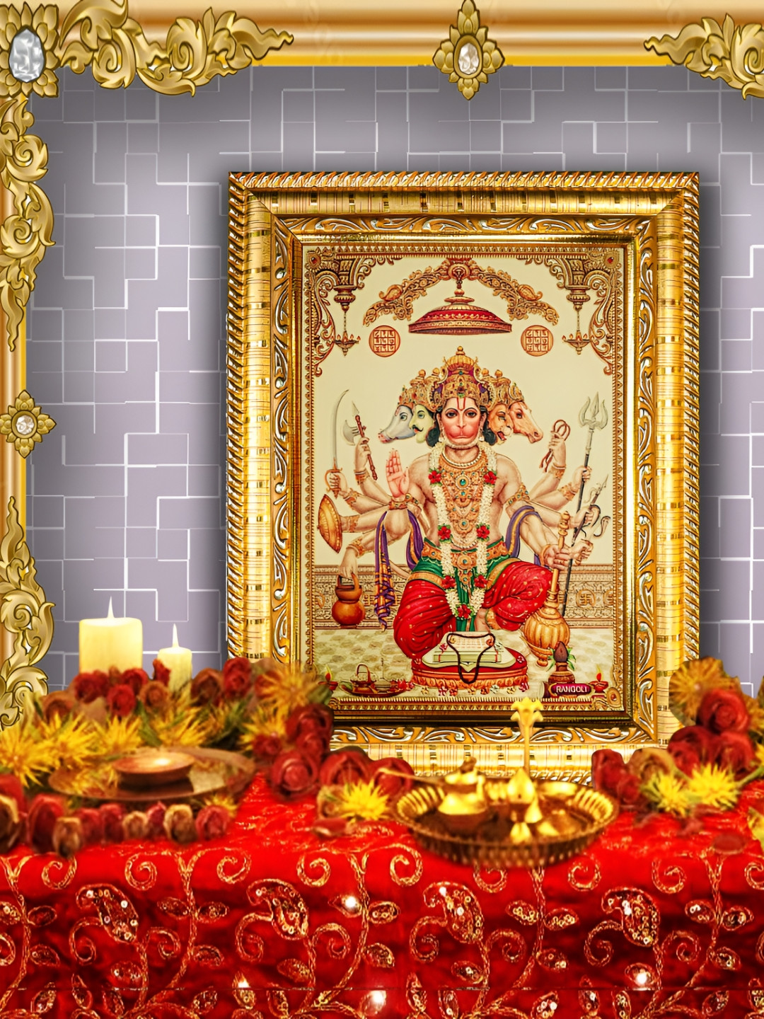 Hawai Gold-Toned Panchmukhi Hanuman Bajrang Bali Wall Hanging Photo Frame