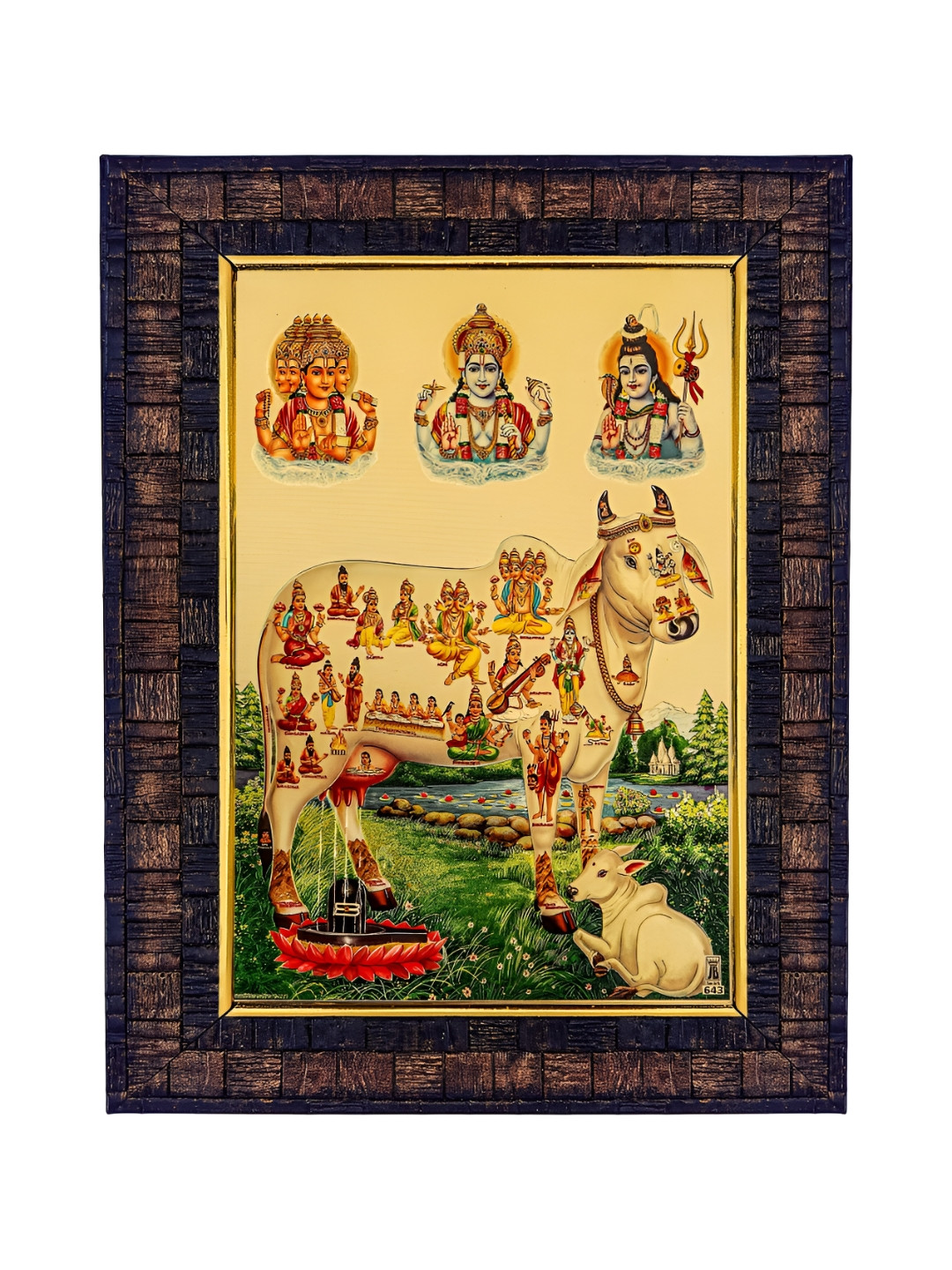 Hawai Gold-Plated Kamdhenu Cow with Calf and All Hindu Gods Wooden Wall Photo Frame