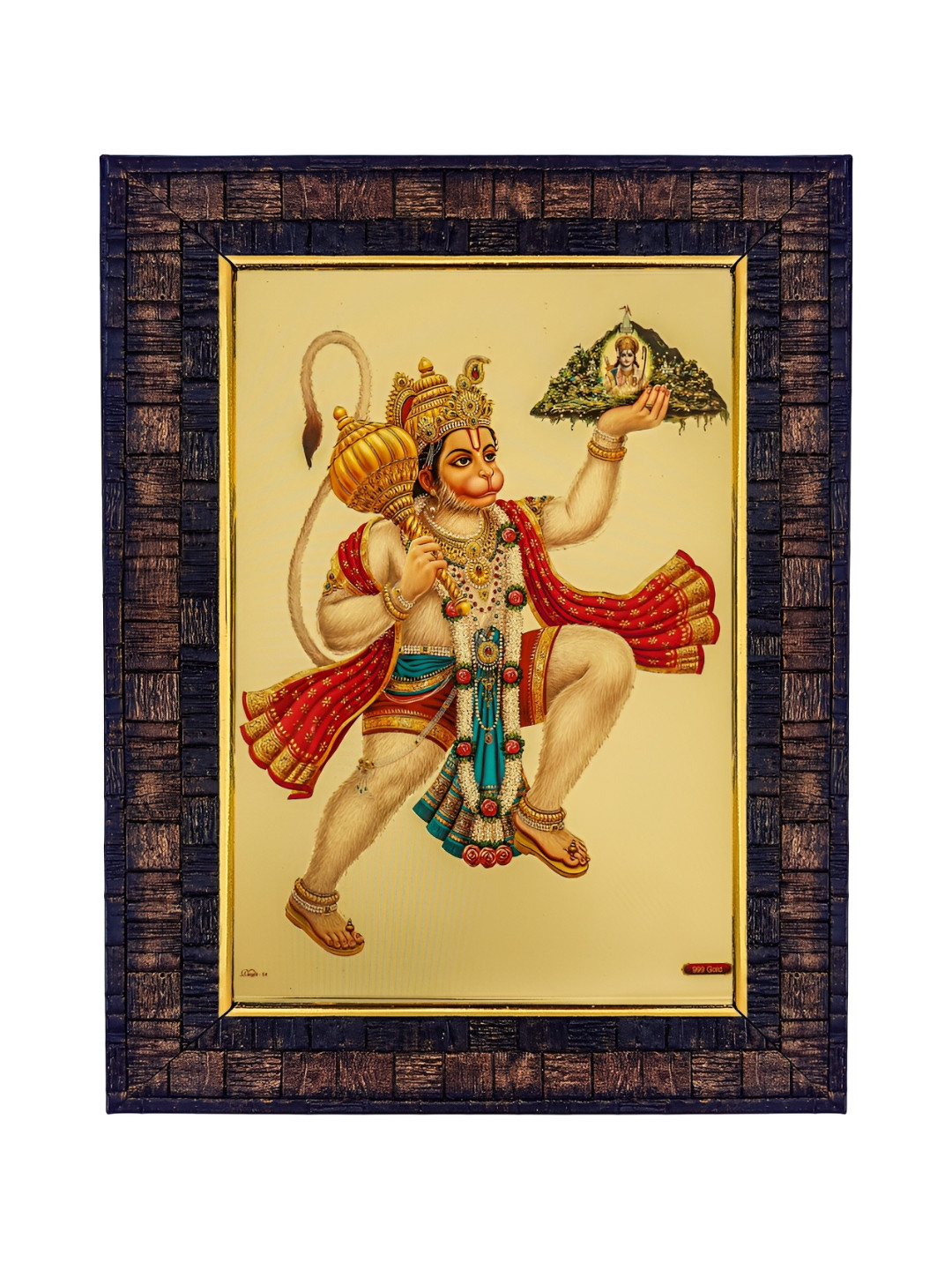 Hawai Gold-Toned & Red Shree Bajrang Bali Hanuman with Trikut Parvat Wooden Photo Frame