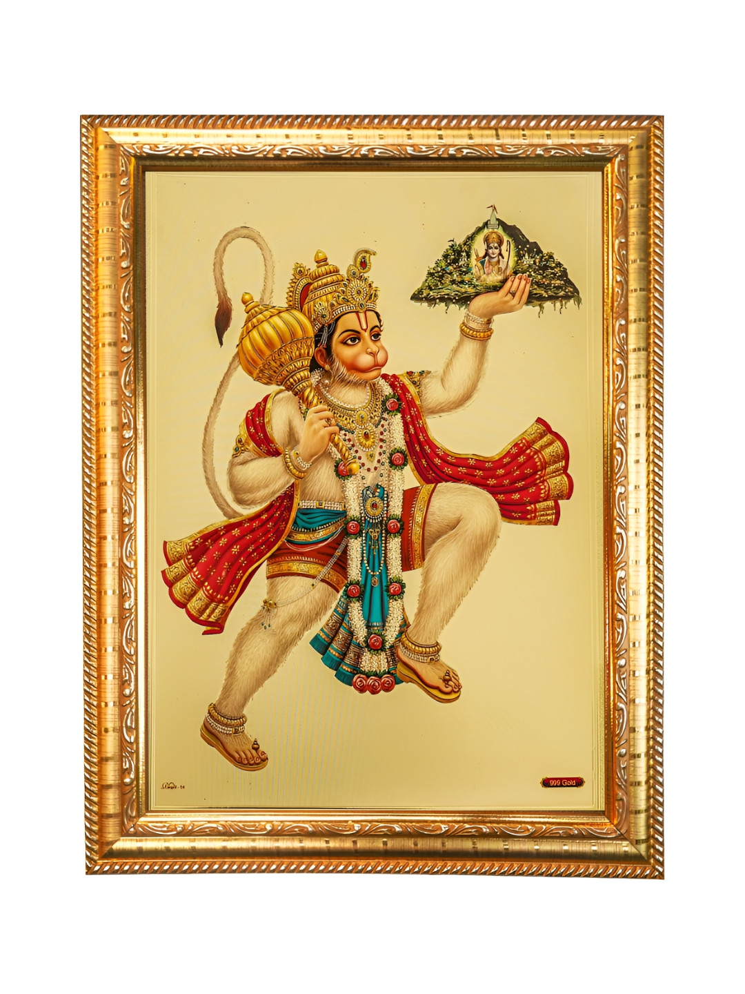 Hawai Gold-Toned Shree Bali Hanuman with Sanjeevani Parvat Wooden Photo Frame