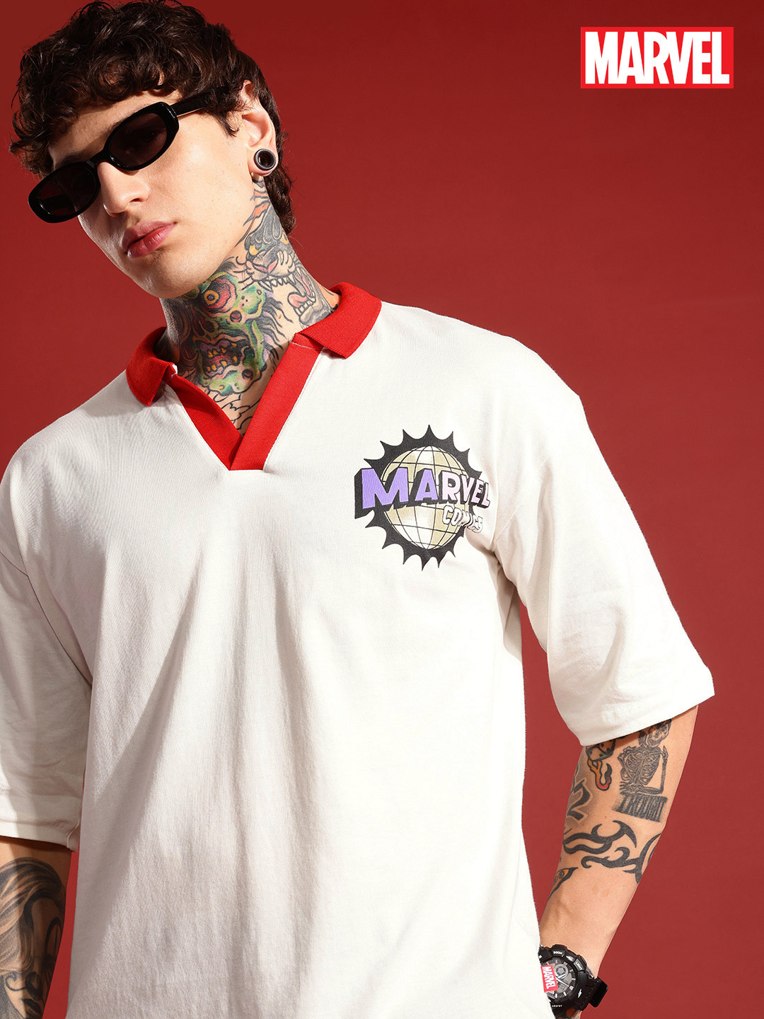 MARVEL STREET Marvel Printed Polo Collar Drop-Shoulder Sleeves Pure Cotton T-shirt