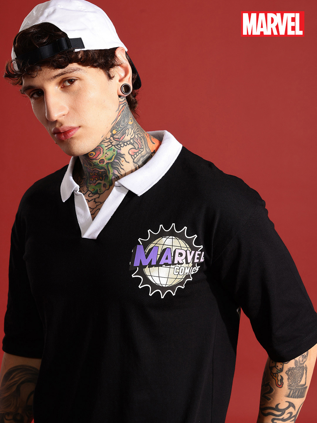 MARVEL STREET Marvel Printed Polo Collar Drop-Shoulder Sleeves Pure Cotton T-shirt