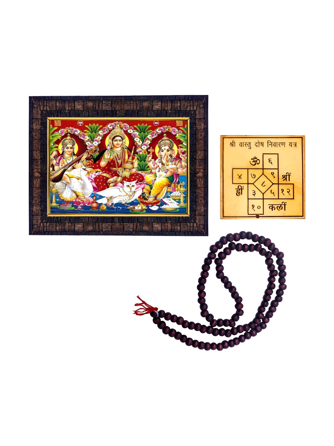 Hawai Gold Toned Ganesh Lakshmi Saraswati Photo Frame &108 Beads Red Chandan Mala & Yantra
