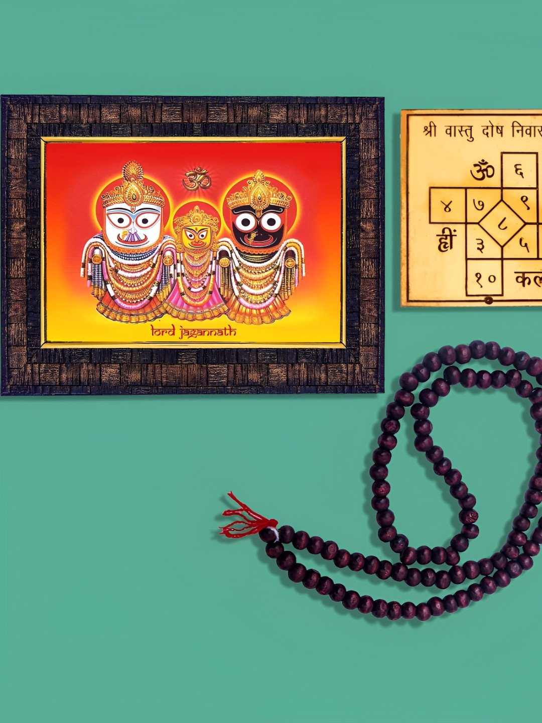 Hawai Red & Yellow Lord Jagannath Wooden With 108 Beads Mala & Yantra Photo Frame