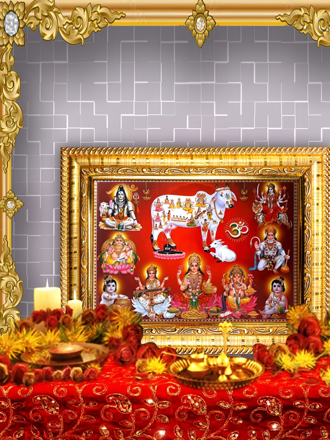 Hawai Red & Gold Toned Kamdhenu Cow Wooden Photo Frame With Mala