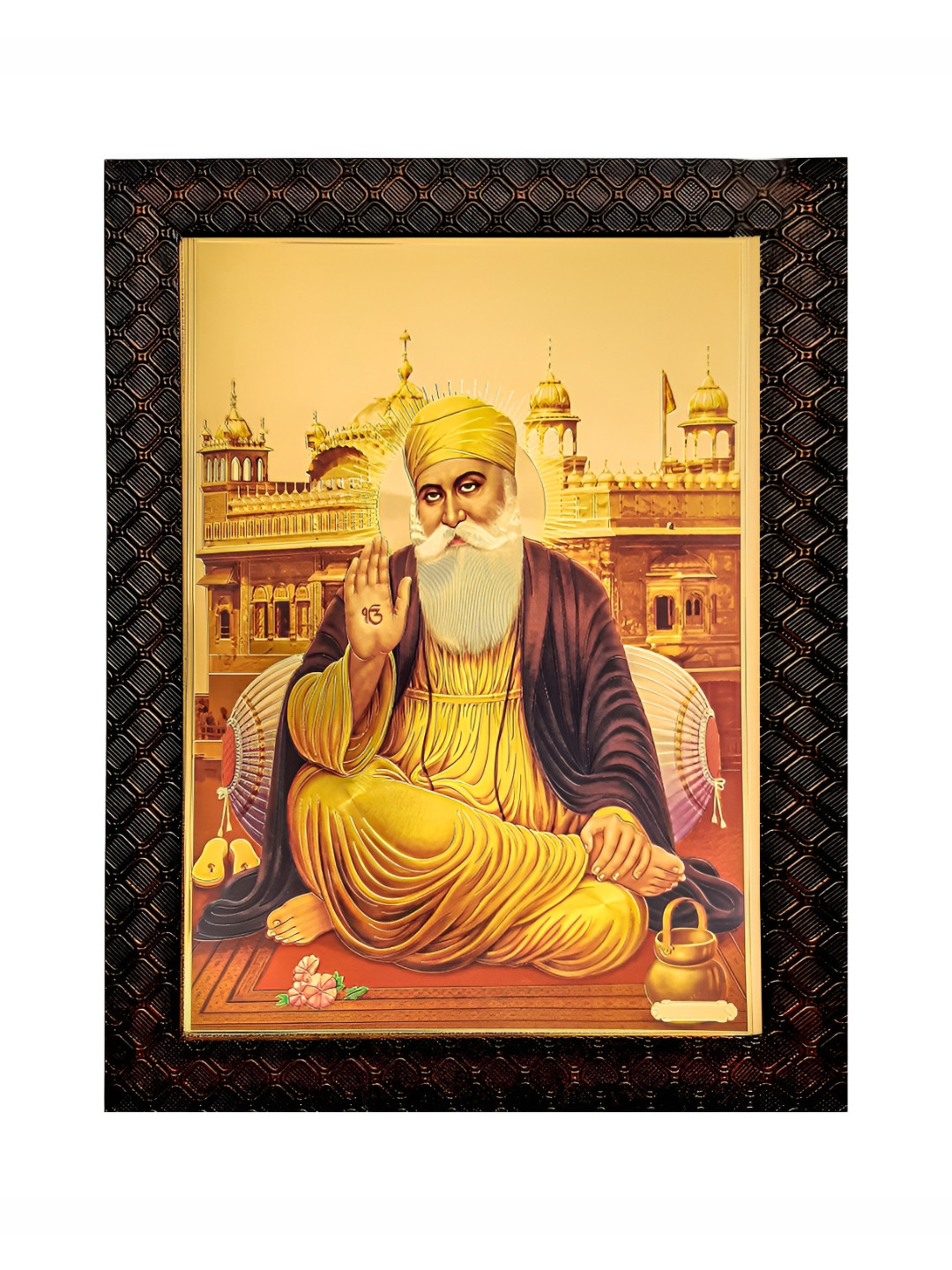 Hawai Gold Toned & Black Self Design Guru Nanak Wooden Wall Photo Frame