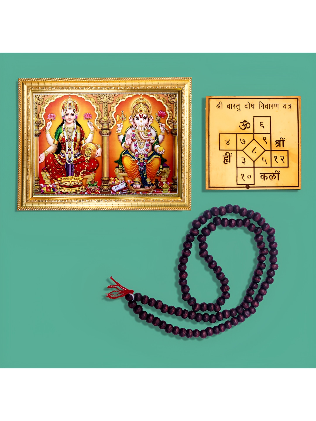 Hawai Gold Toned Ganesh Lakshmi Photo Frame With 108 Beads Red Chandan Mala & Yantra