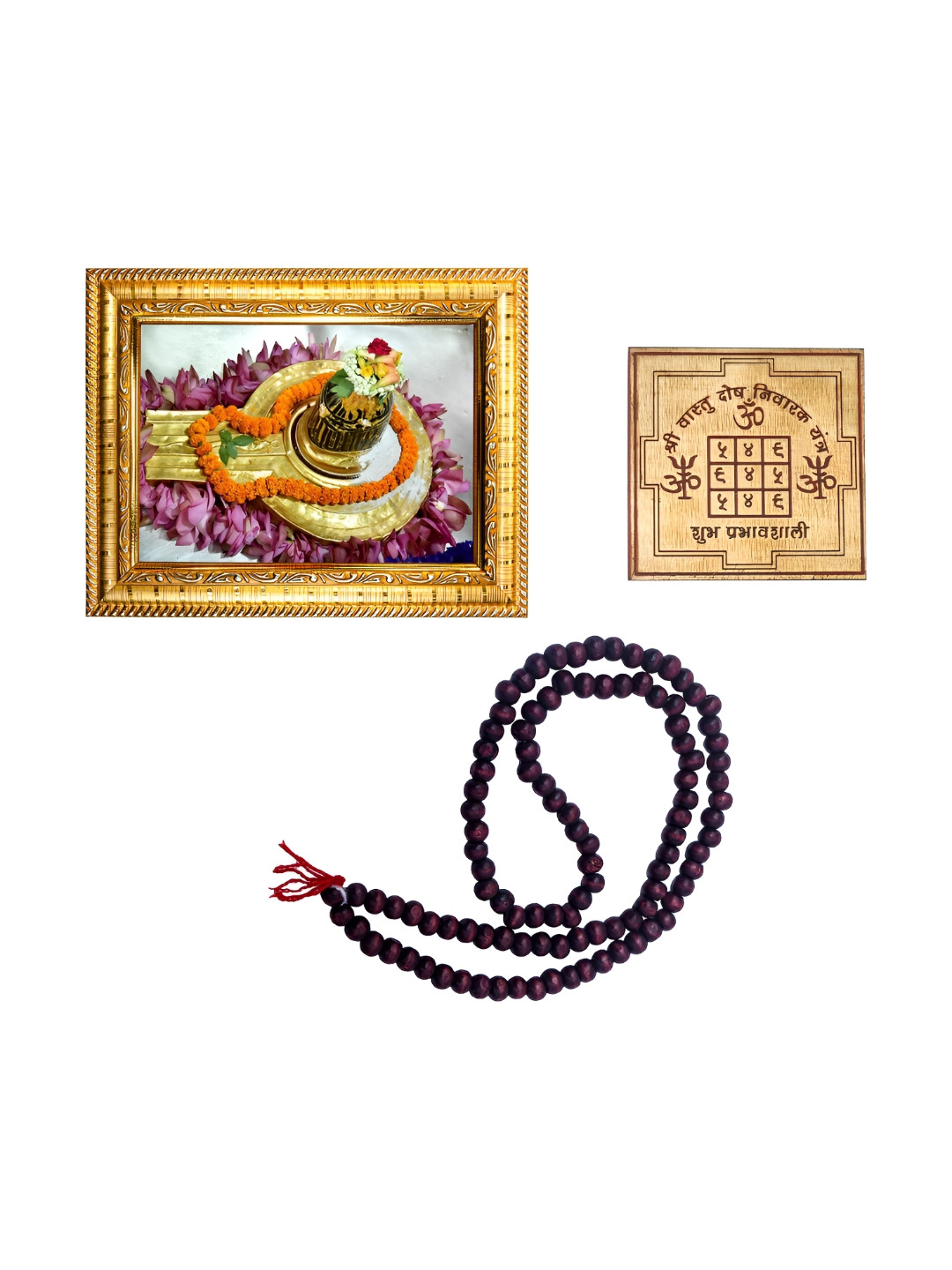 Hawai Gold-Toned Lord Shiva & 108 Beads Mala With Ashtadhatu Vastu Dosh Wooden Photo Frame