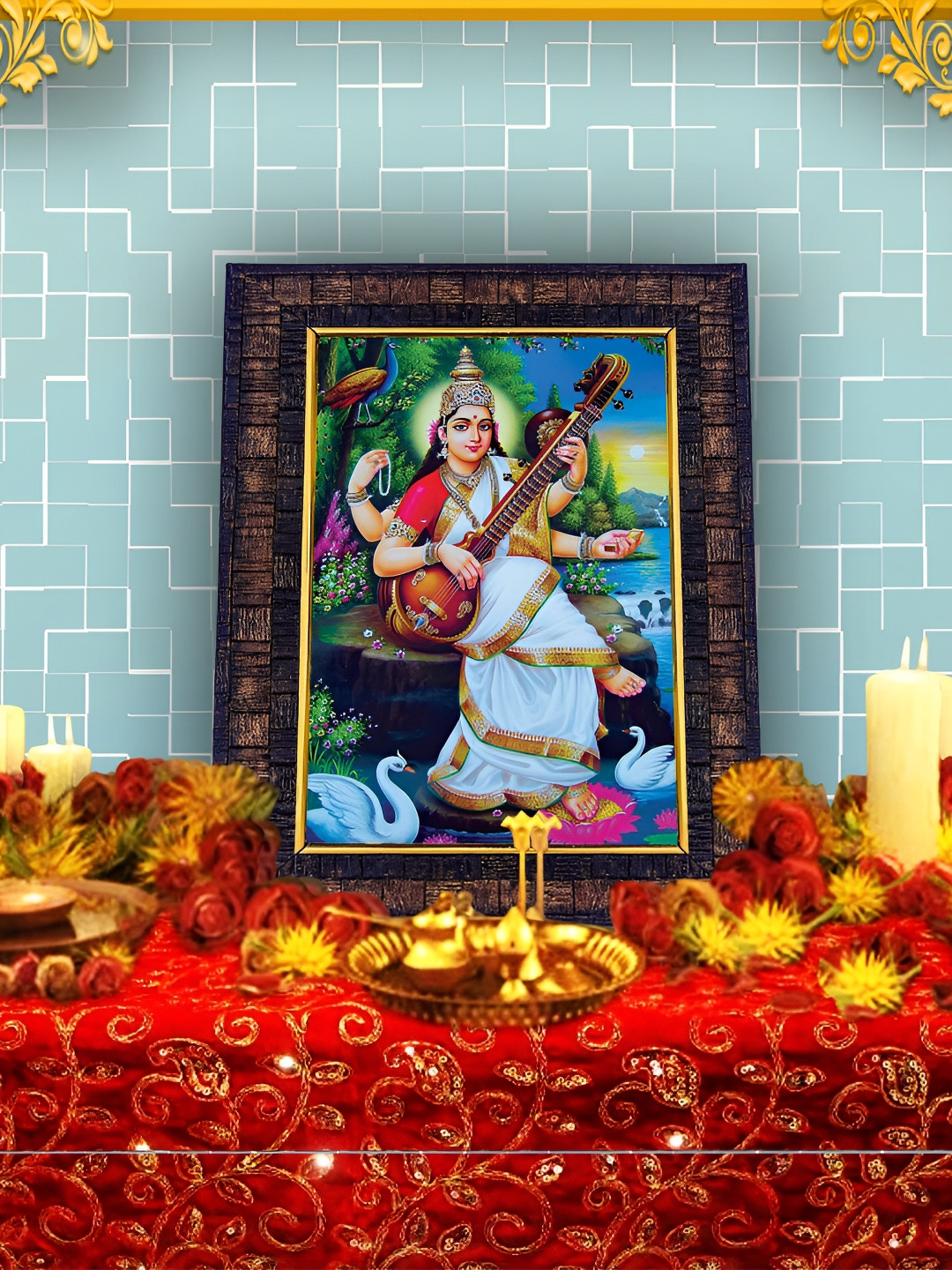 Hawai White and Brown Maa Saraswati Wooden Wall Photo Frame