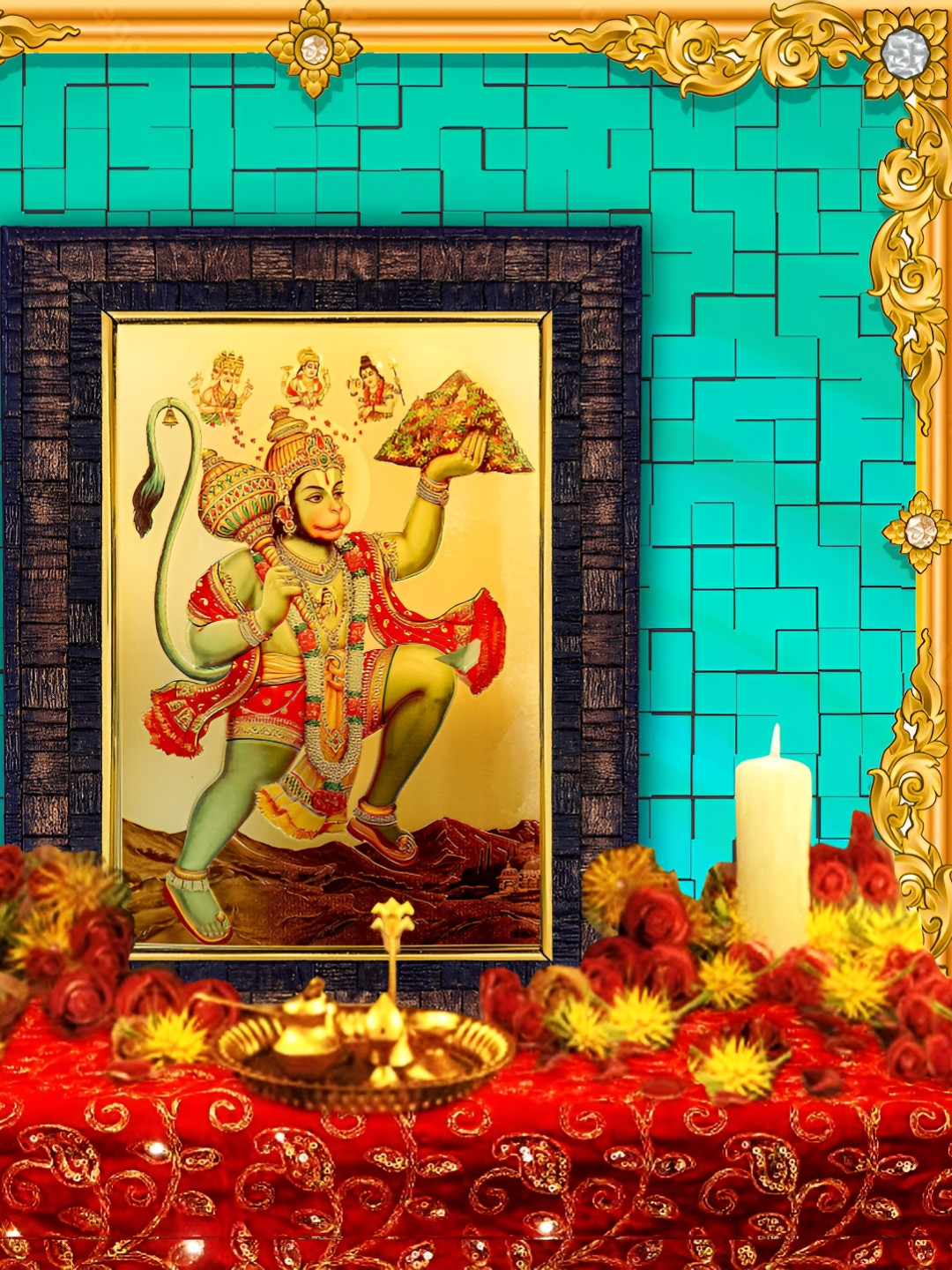 Hawai Gold-Toned Shree Hanuman Bajrang Bali With Dronagiri Mountain Wall Photo Frame