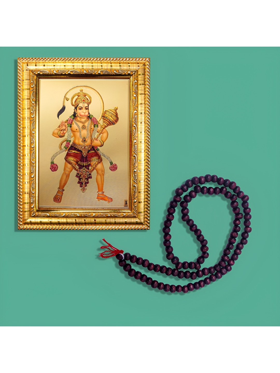 Hawai Gold Toned Radha Krishna Wooden Wall Photo Frame With 108 Beads Red Chandan Mala