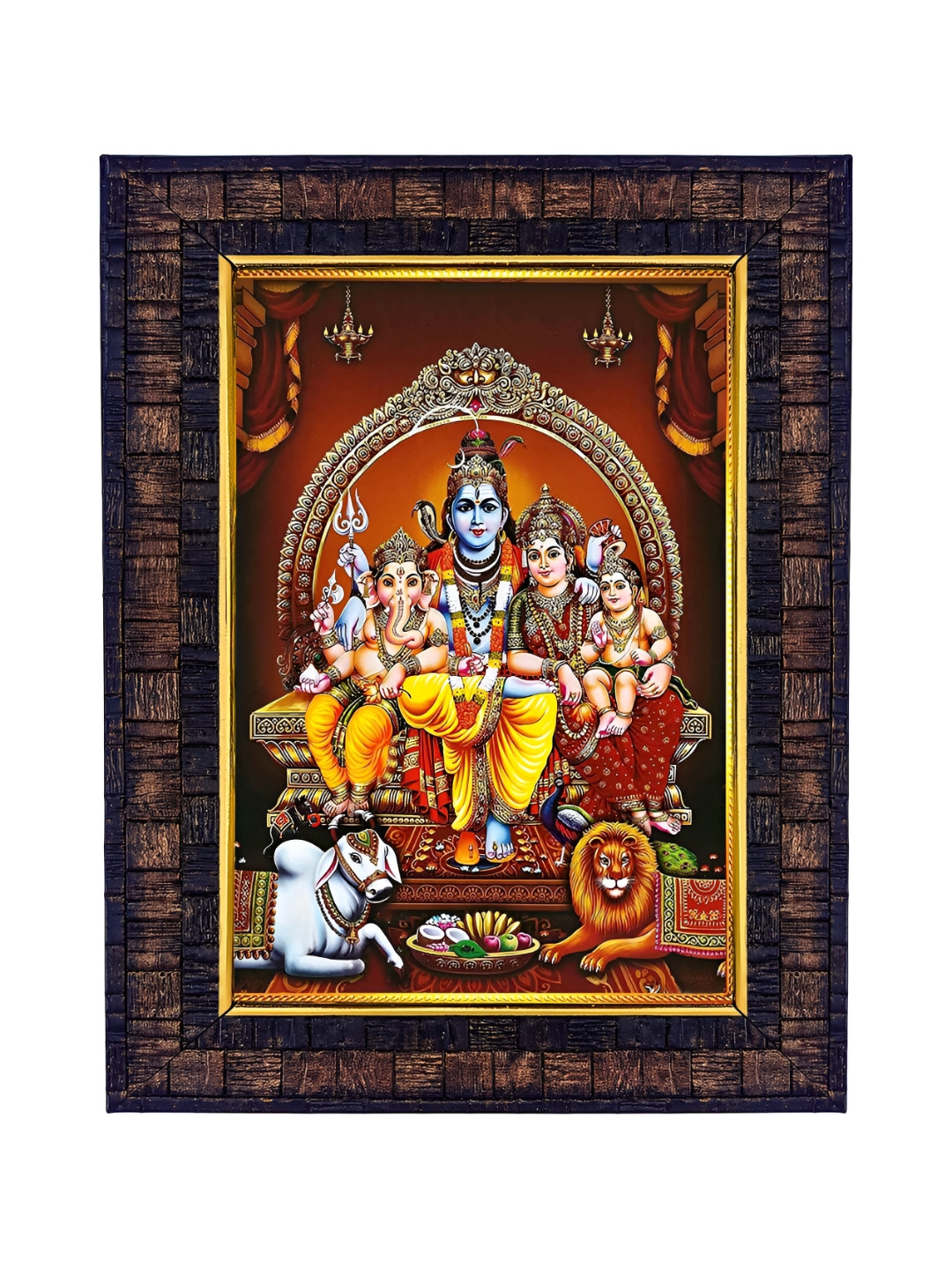Hawai Red & Blue Lord Shiva Family Printed Wooden Wall Photo Frame