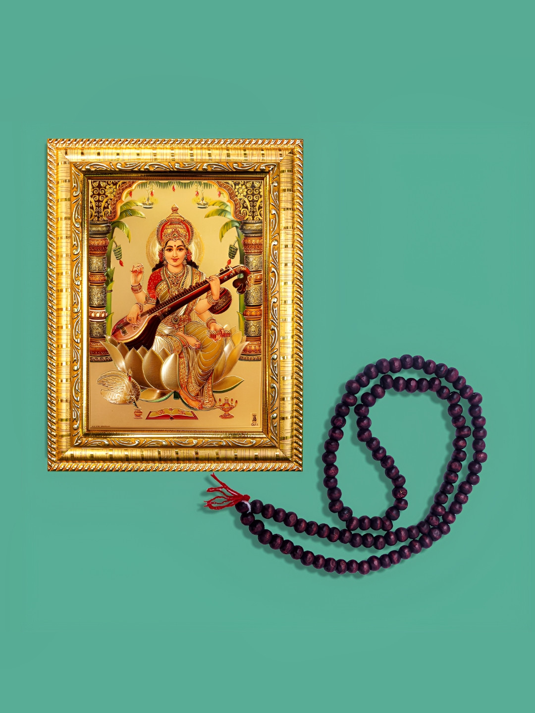 Hawai Gold-Toned Goddess Saraswati With 108 Beads Mala Wooden Photo Frame
