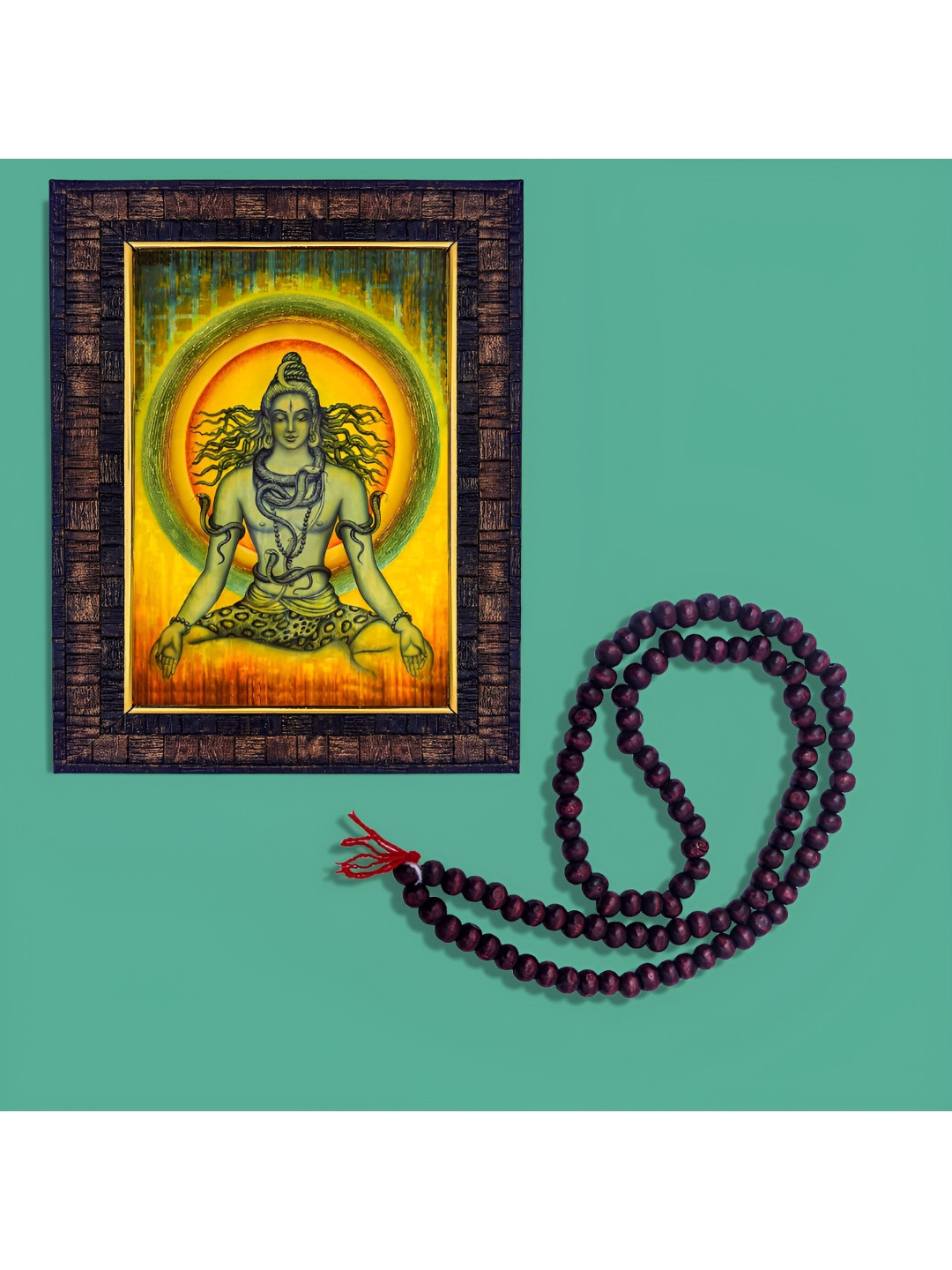 Hawai Green & Yellow Lord Shiva Photo Frame With Mala