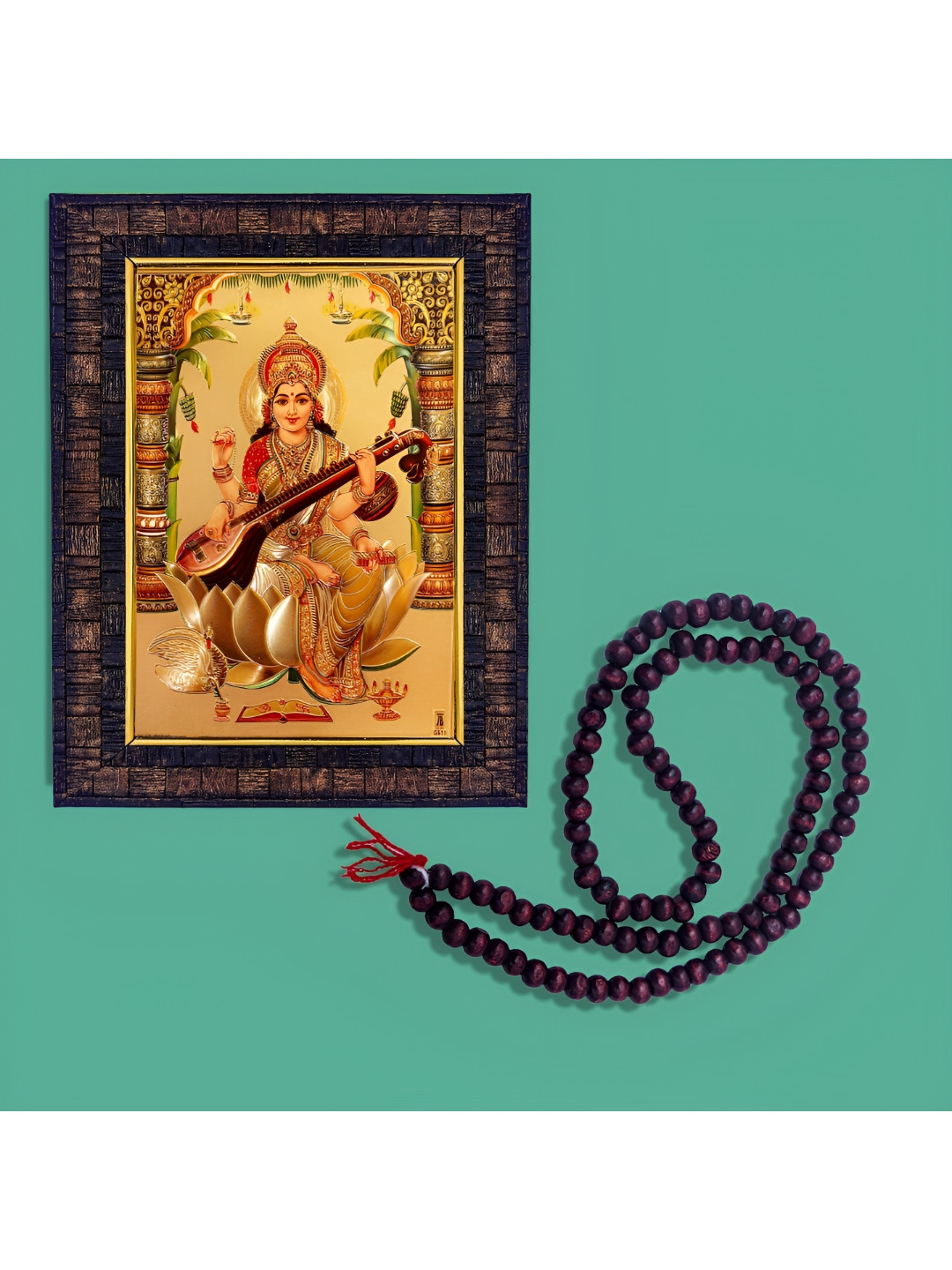 Hawai Gold-Toned 2 Pieces Goddess Saraswati Photo frame With108 Beads Red Chandan Mala