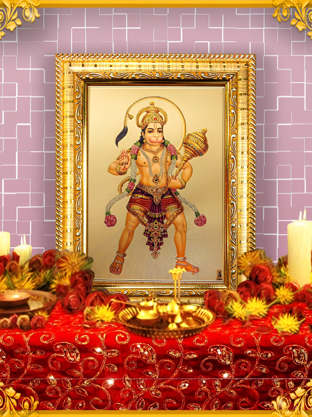 Hawai Maroon Gold-Plated Shree Hanuman Bajrangbali Wooden Photo Frame