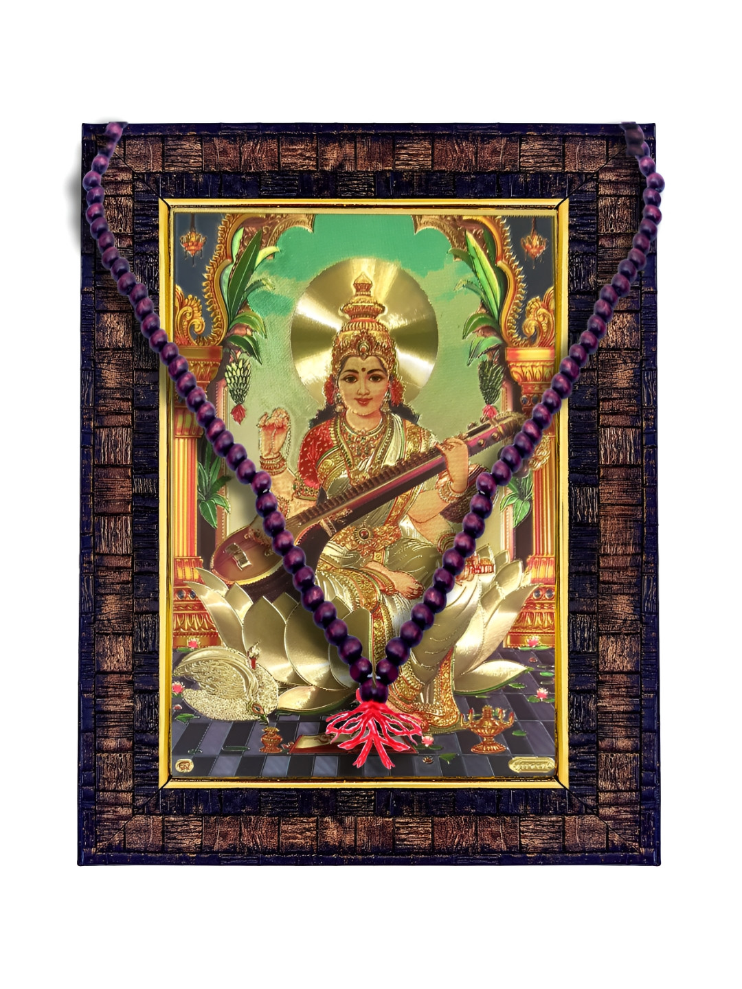 Hawai Gold Toned & Brown Maa Saraswati Photo Frame With Mala