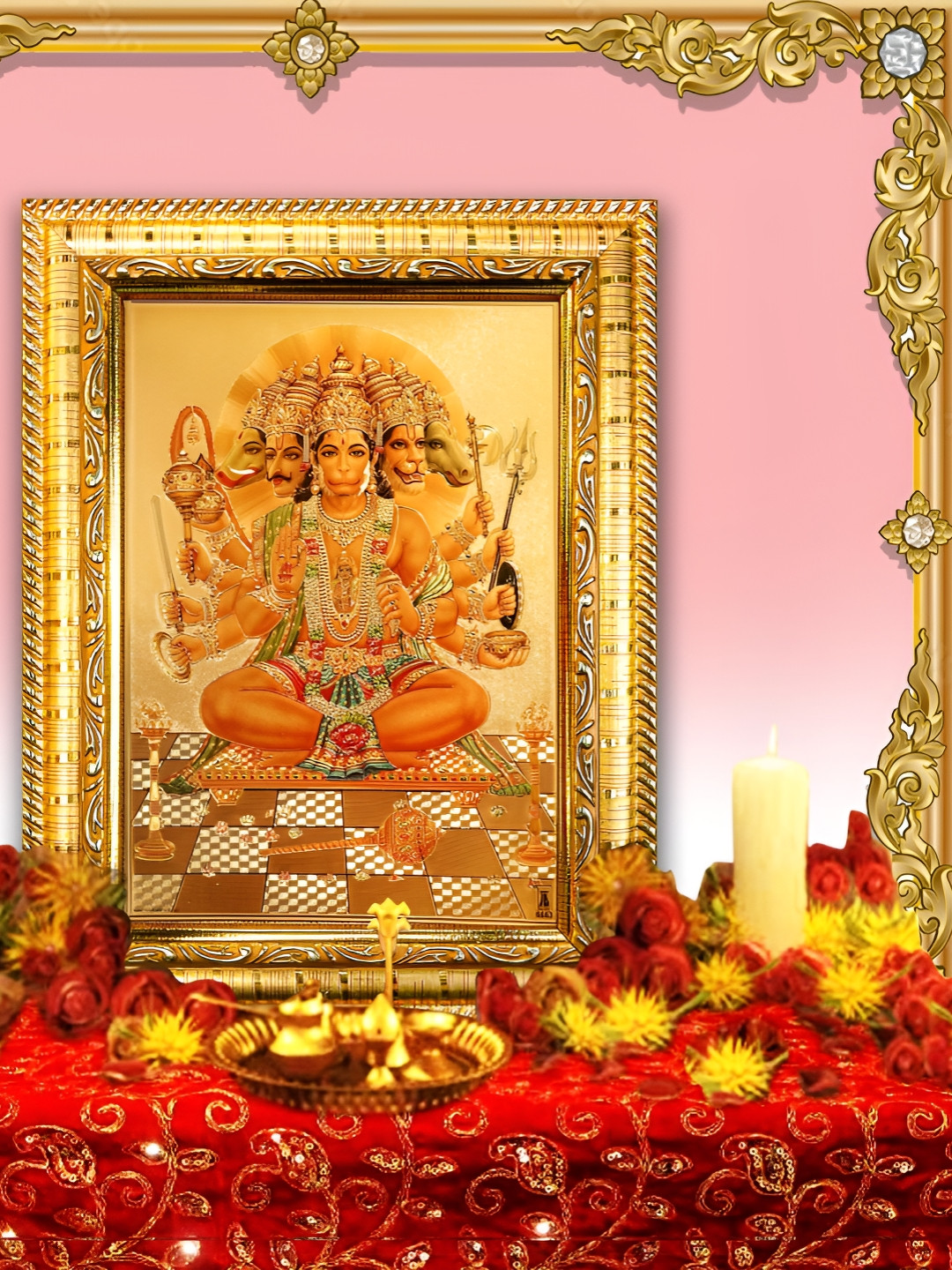 Hawai Gold-Toned & Orange Panchmukhi Hanuman Bajrang Bali Wooden Wall Photo Frame