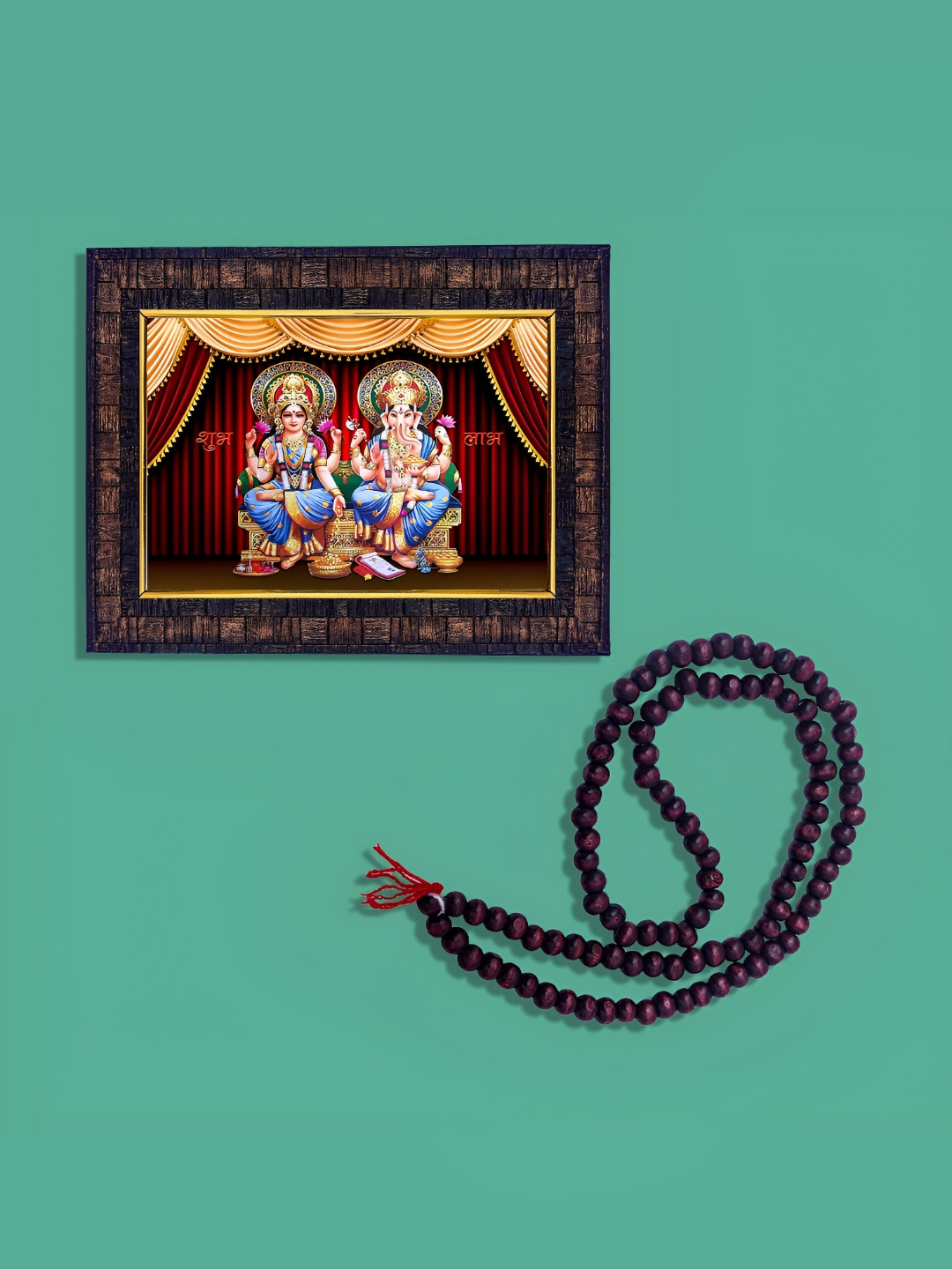Hawai Brown and Blue Ganesh Lakshmi Wooden Wall Photo Frame with Mala
